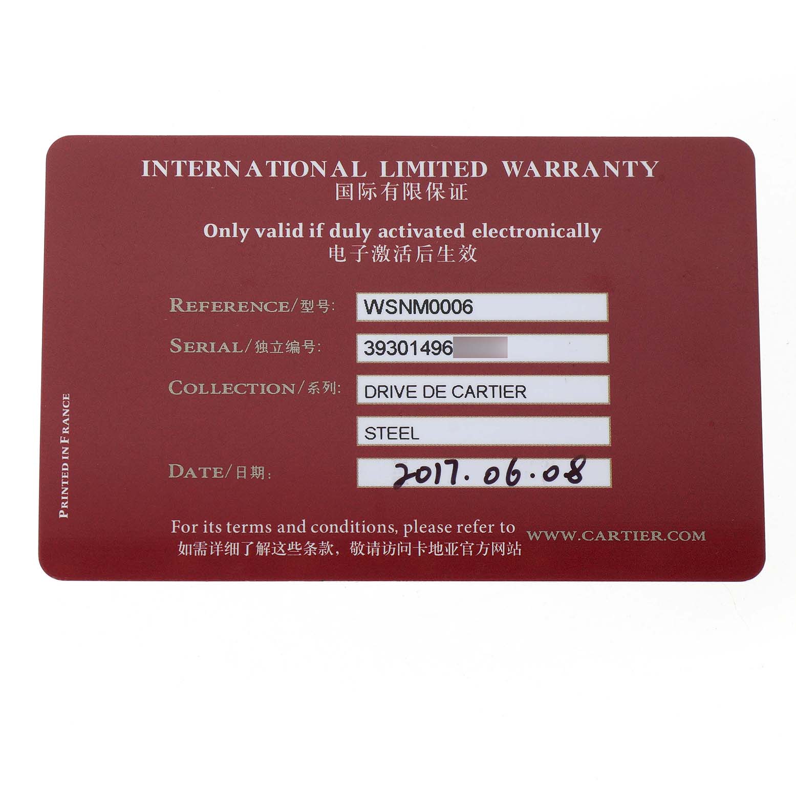 The image shows the International Limited Warranty card for the Drive de Cartier watch by Cartier, with reference and serial details visible.