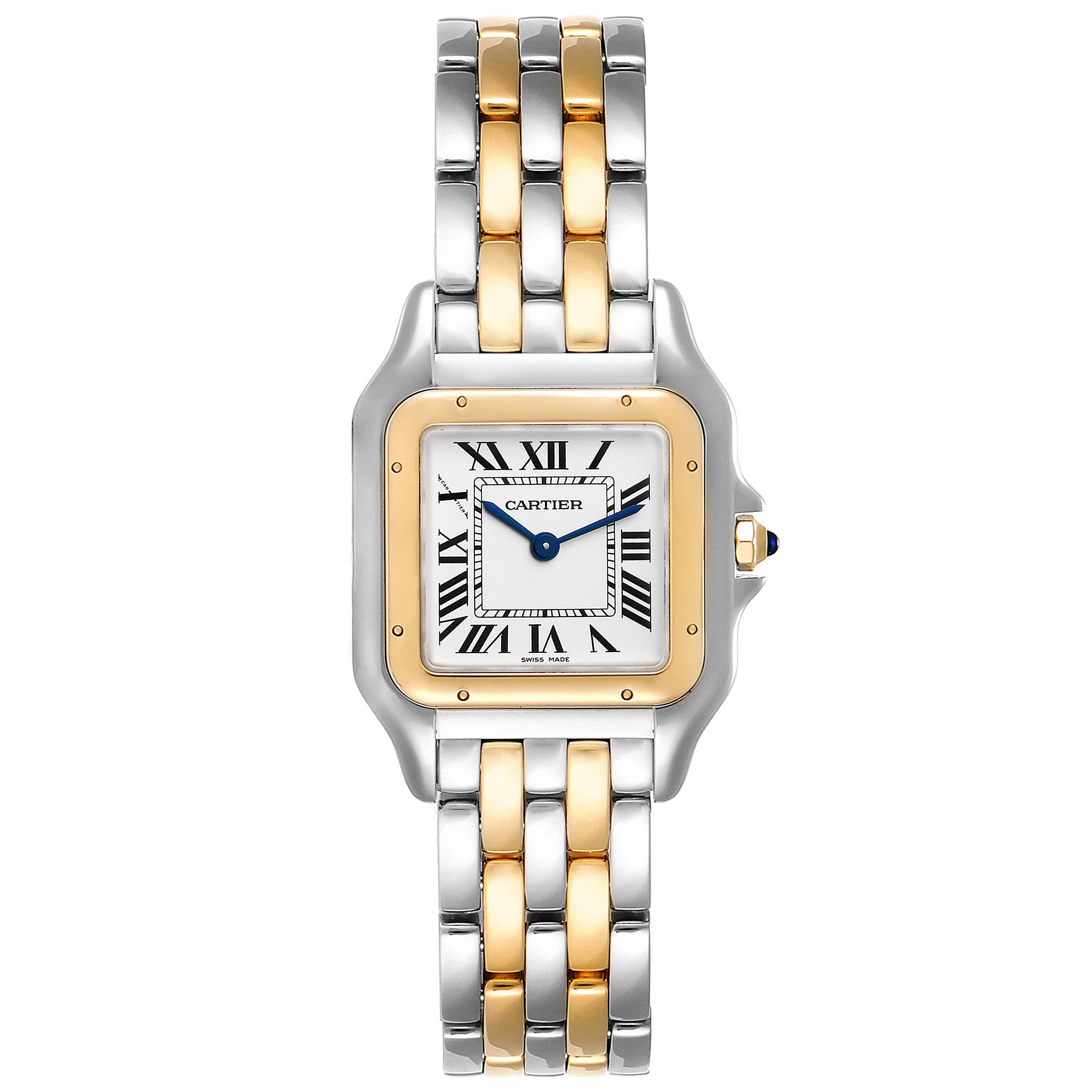 The image shows a front view of a Cartier Panthere W2PN0007 Women's Steel and Gold (two tone) Silver Dial W2PN0007 Women's Steel and Gold (two tone) Silver Dial model watch, highlighting its two-tone metal band, square face, and Roman numeral dial.