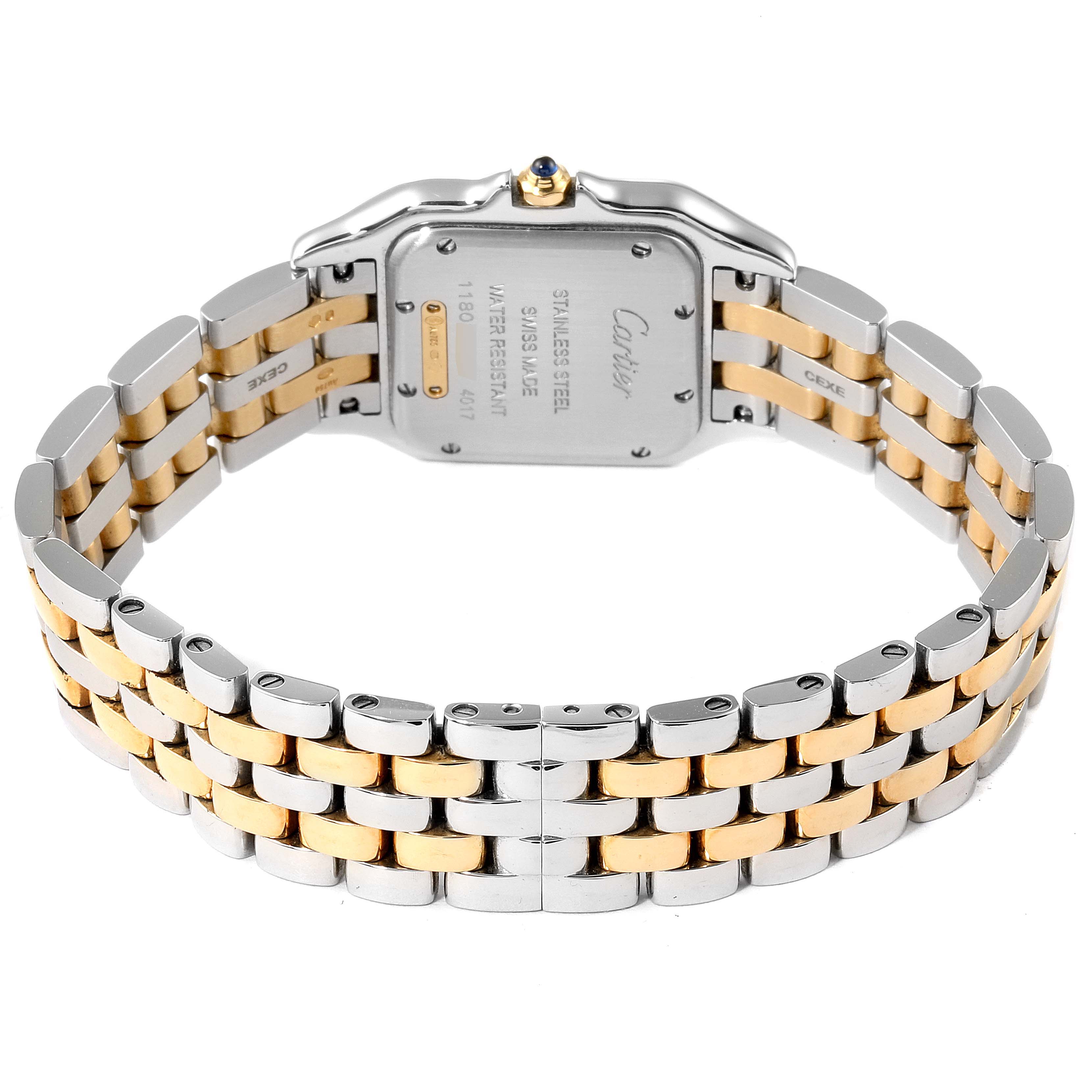 The image shows the back view of a Cartier Panthere W2PN0007 Women's Steel and Gold (two tone) Silver Dial W2PN0007 Women's Steel and Gold (two tone) Silver Dial watch highlighting its two-tone metal bracelet and case back details.