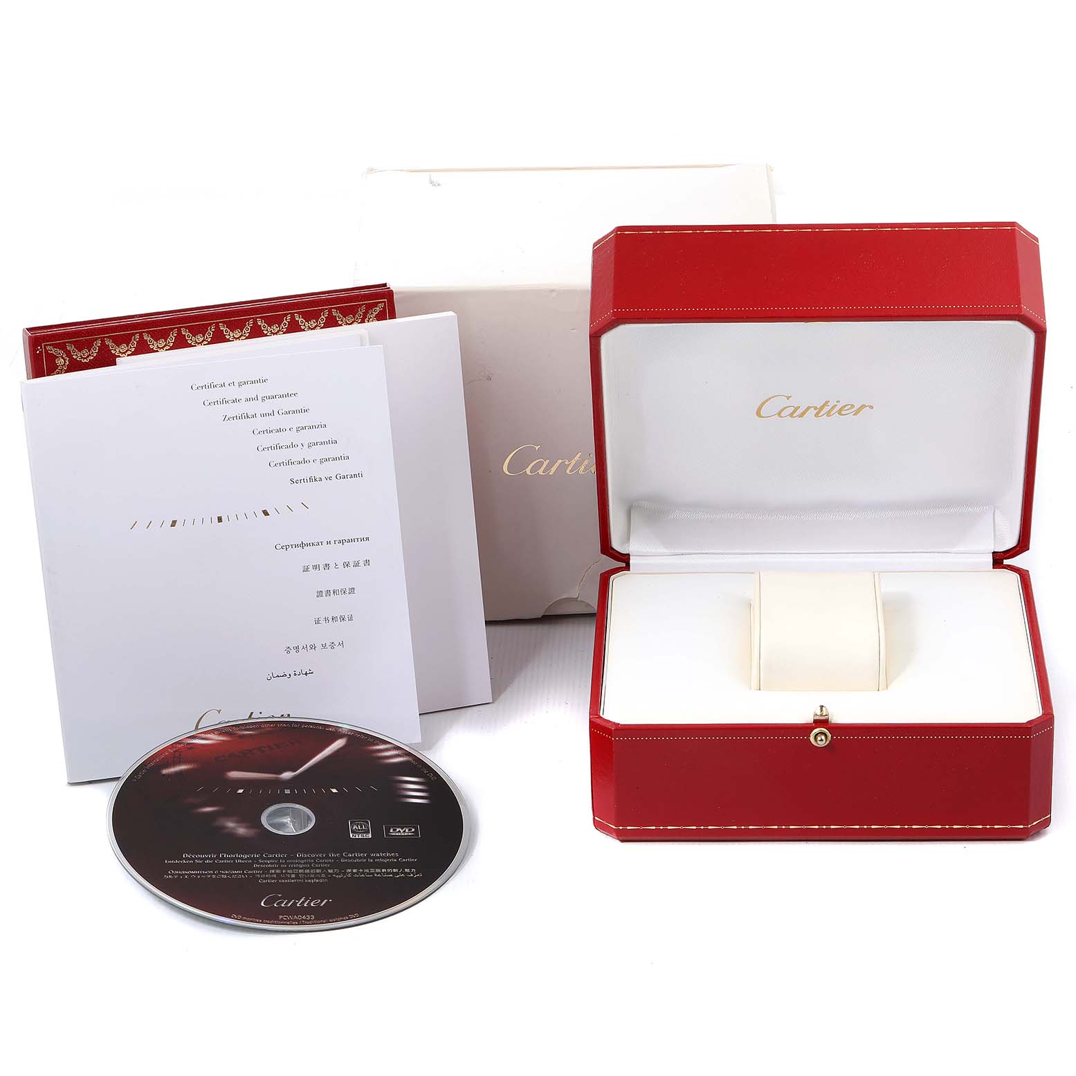 The image shows a Cartier Panthere W2PN0007 Women's Steel and Gold (two tone) Silver Dial W2PN0007 Women's Steel and Gold (two tone) Silver Dial watch box, warranty booklet, certificates, and a CD from a front angle.