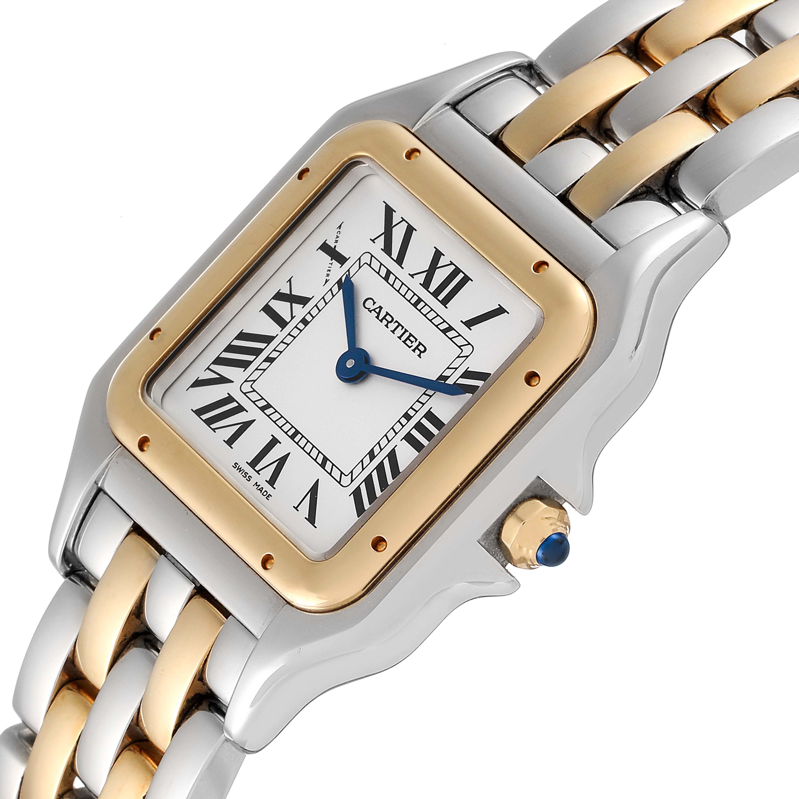 This image shows a close-up angle of the face and part of the band of the Cartier Panthere W2PN0007 Women's Steel and Gold (two tone) Silver Dial W2PN0007 Women's Steel and Gold (two tone) Silver Dial watch.