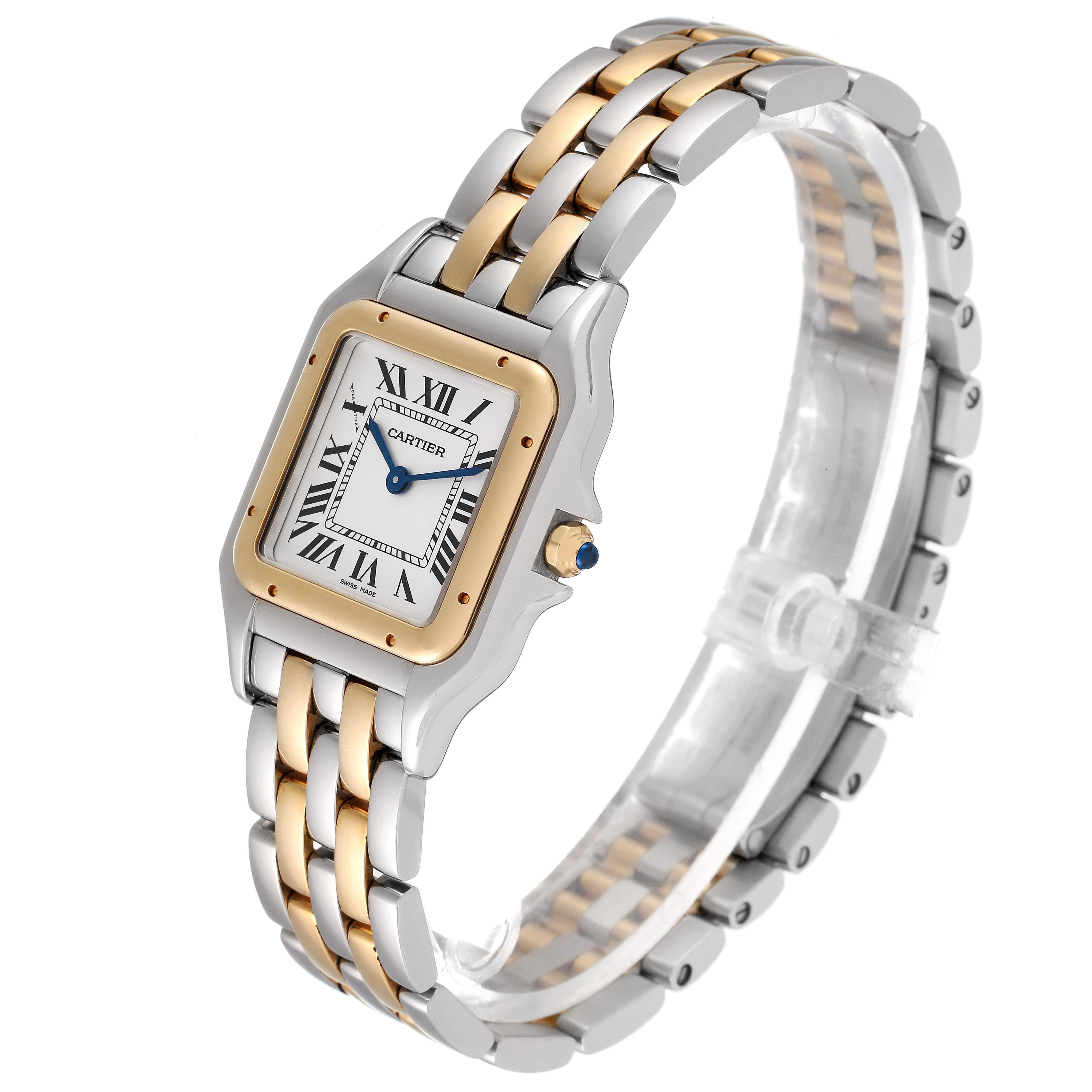 The image shows the front and bracelet of a Cartier Panthere W2PN0007 Women's Steel and Gold (two tone) Silver Dial W2PN0007 Women's Steel and Gold (two tone) Silver Dial watch, featuring a two-tone metal design and Roman numeral dial.