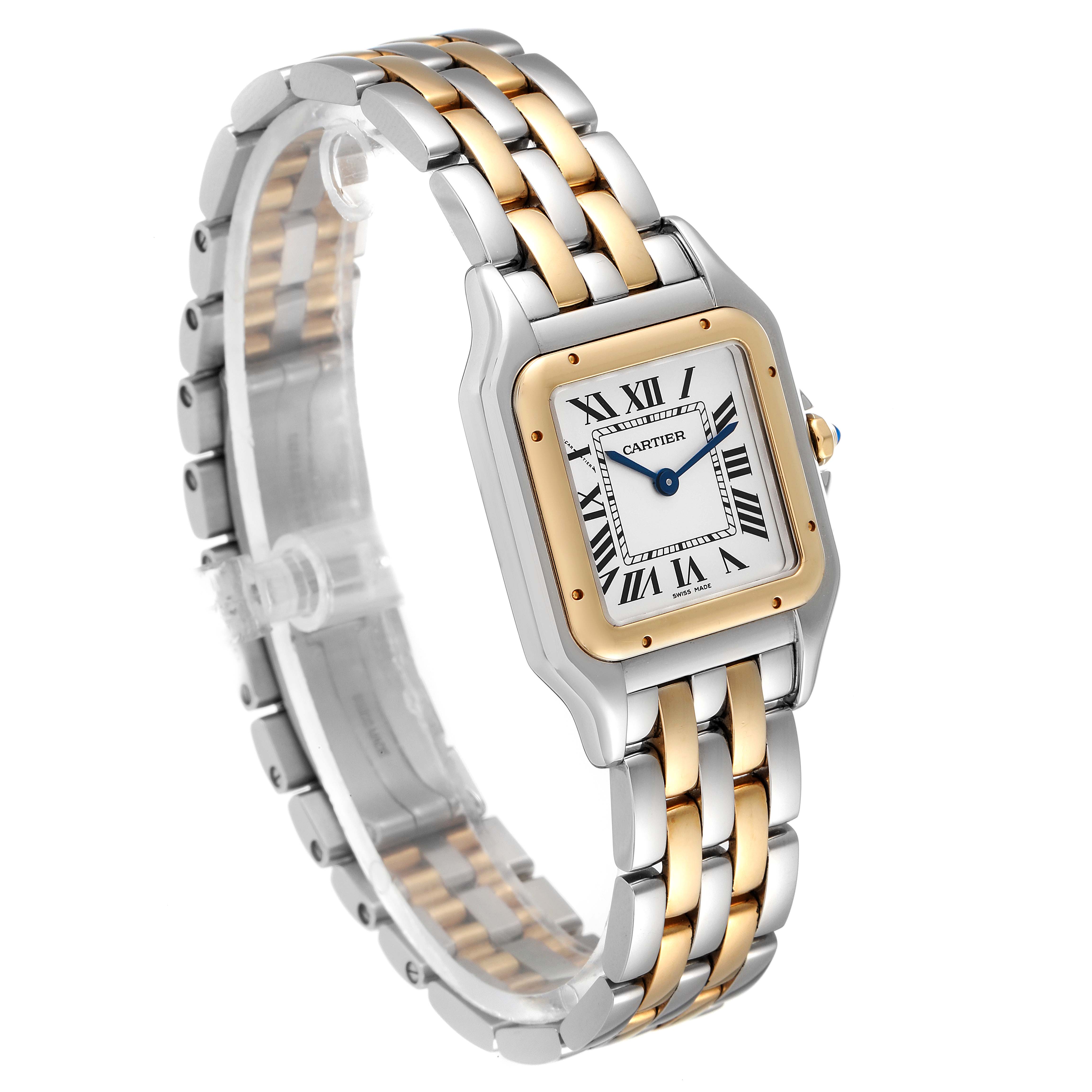 The image shows a Cartier Panthere W2PN0007 Women's Steel and Gold (two tone) Silver Dial W2PN0007 Women's Steel and Gold (two tone) Silver Dial model watch at a three-quarter angle, highlighting its gold and stainless steel bracelet and case.