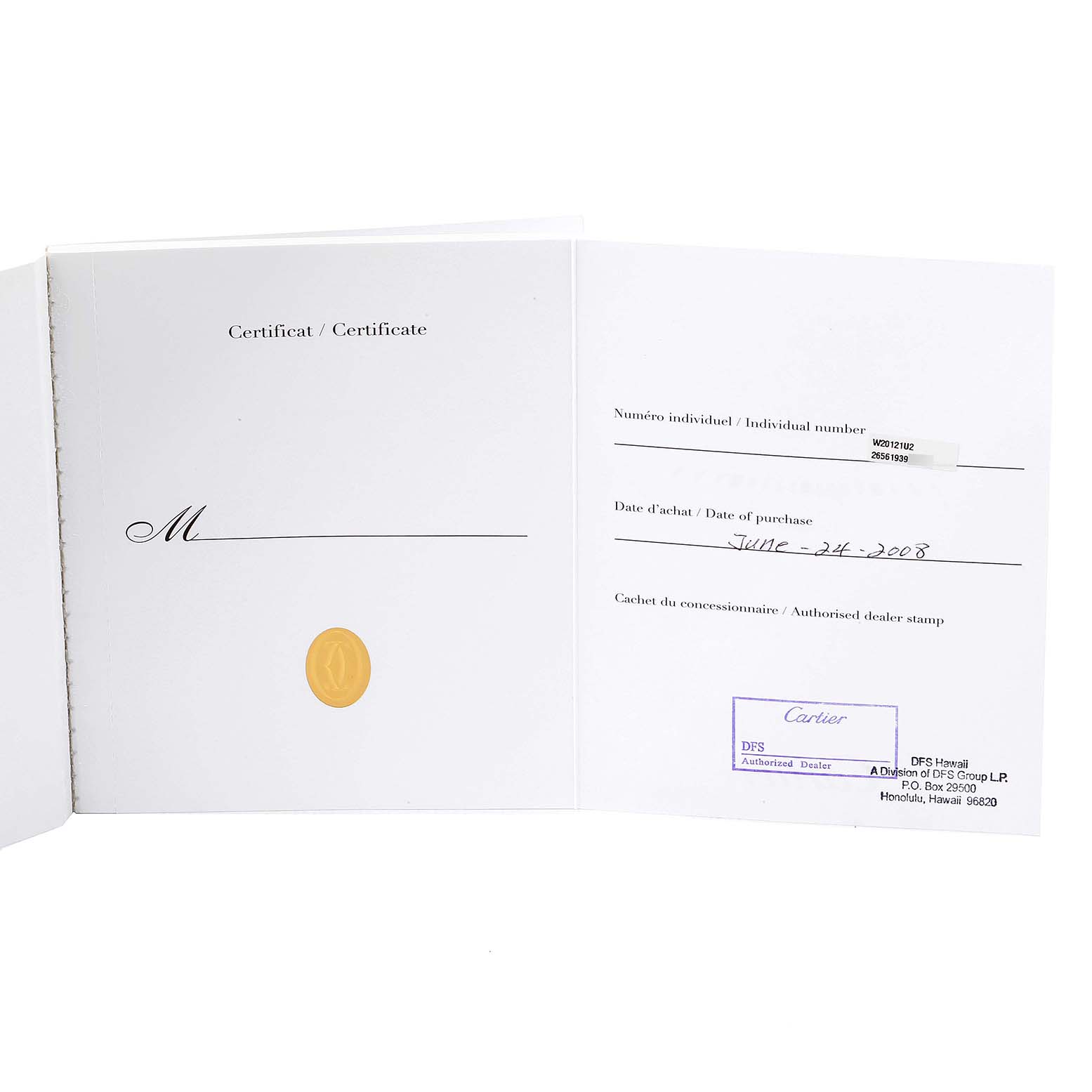 This image shows the authenticity certificate for the Panthere model by Cartier, including purchase date and dealer stamp.