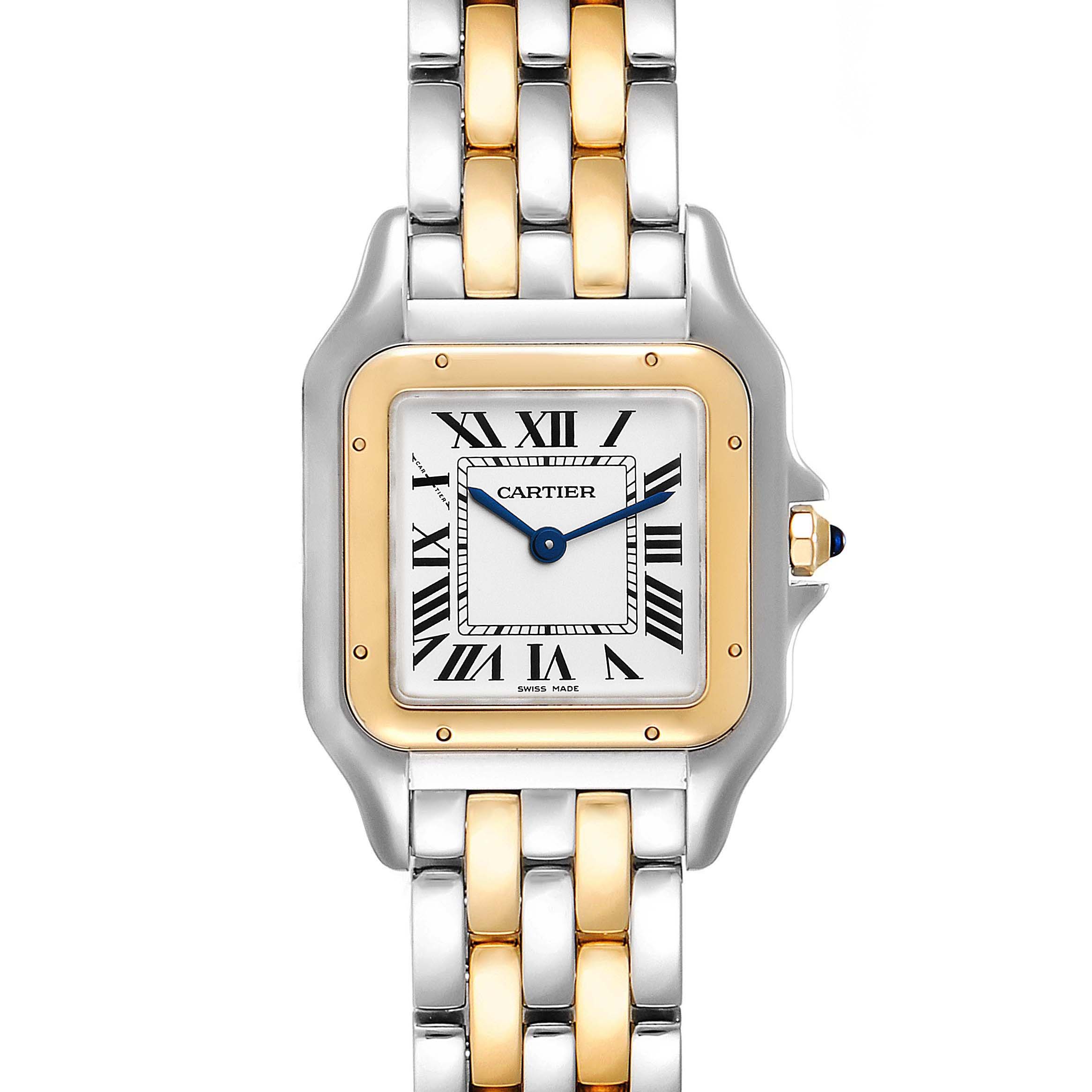 This image shows a front view of the Cartier Panthere W2PN0007 Women's Steel and Gold (two tone) Silver Dial W2PN0007 Women's Steel and Gold (two tone) Silver Dial watch, highlighting its face, bezel, and two-tone bracelet.