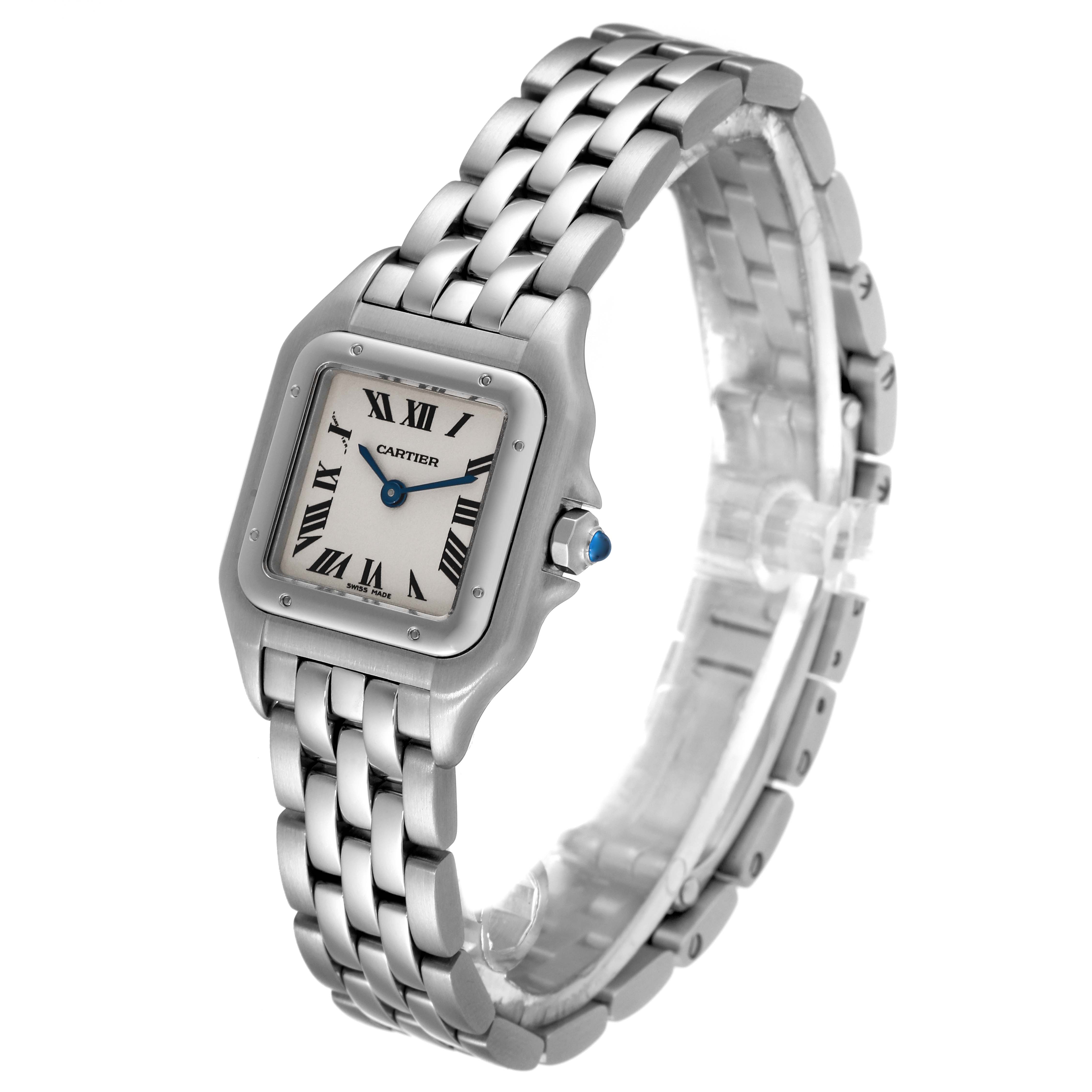 The image shows a side and front angle of the Cartier Panthere W25033P5 Women's Stainless Steel Silver Dial W25033P5 Women's Stainless Steel Silver Dial model watch, highlighting its face and metal link bracelet.