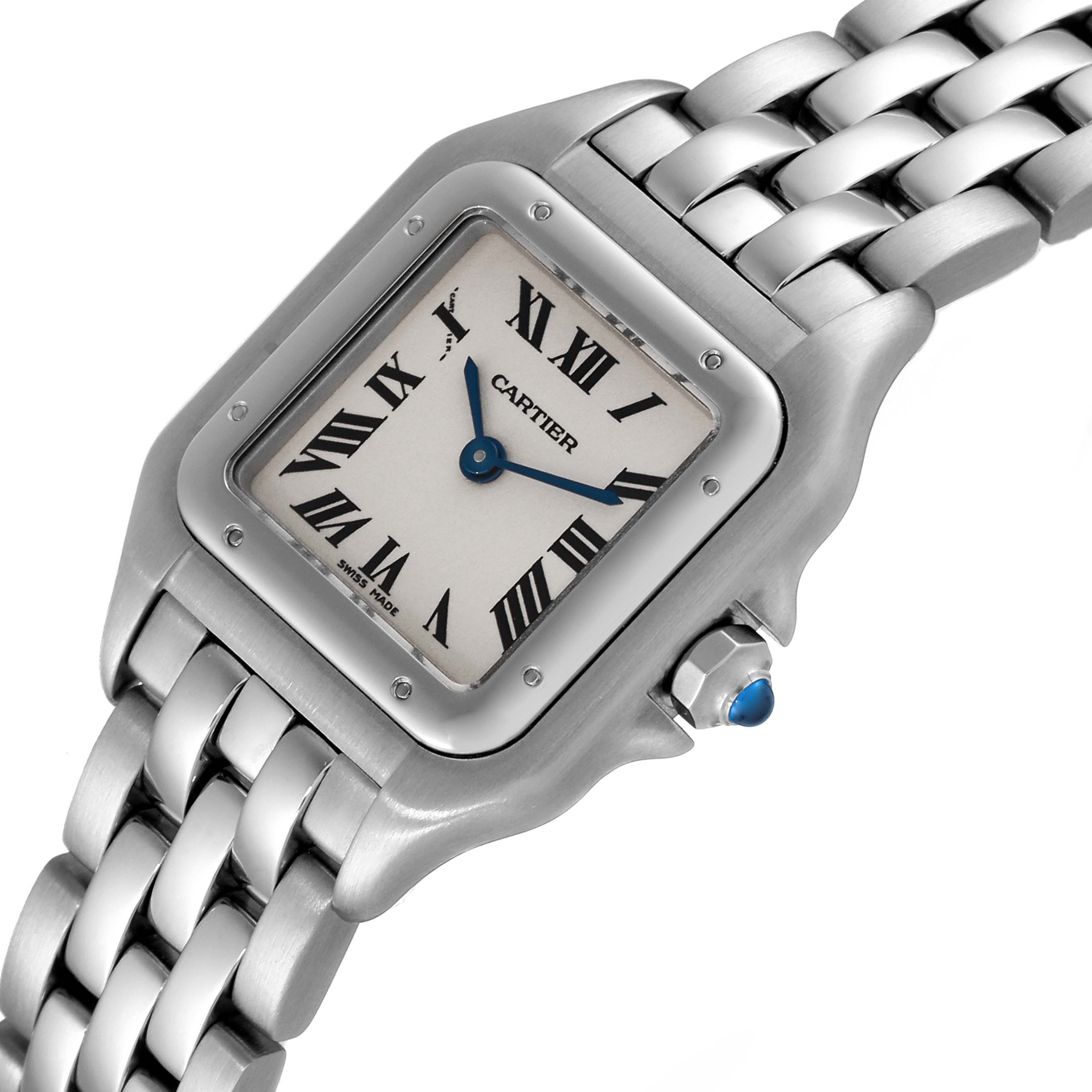 The image shows a close-up, top-down view of a Cartier Panthere W25033P5 Women's Stainless Steel Silver Dial W25033P5 Women's Stainless Steel Silver Dial model watch featuring the face, bezel, and part of the bracelet.