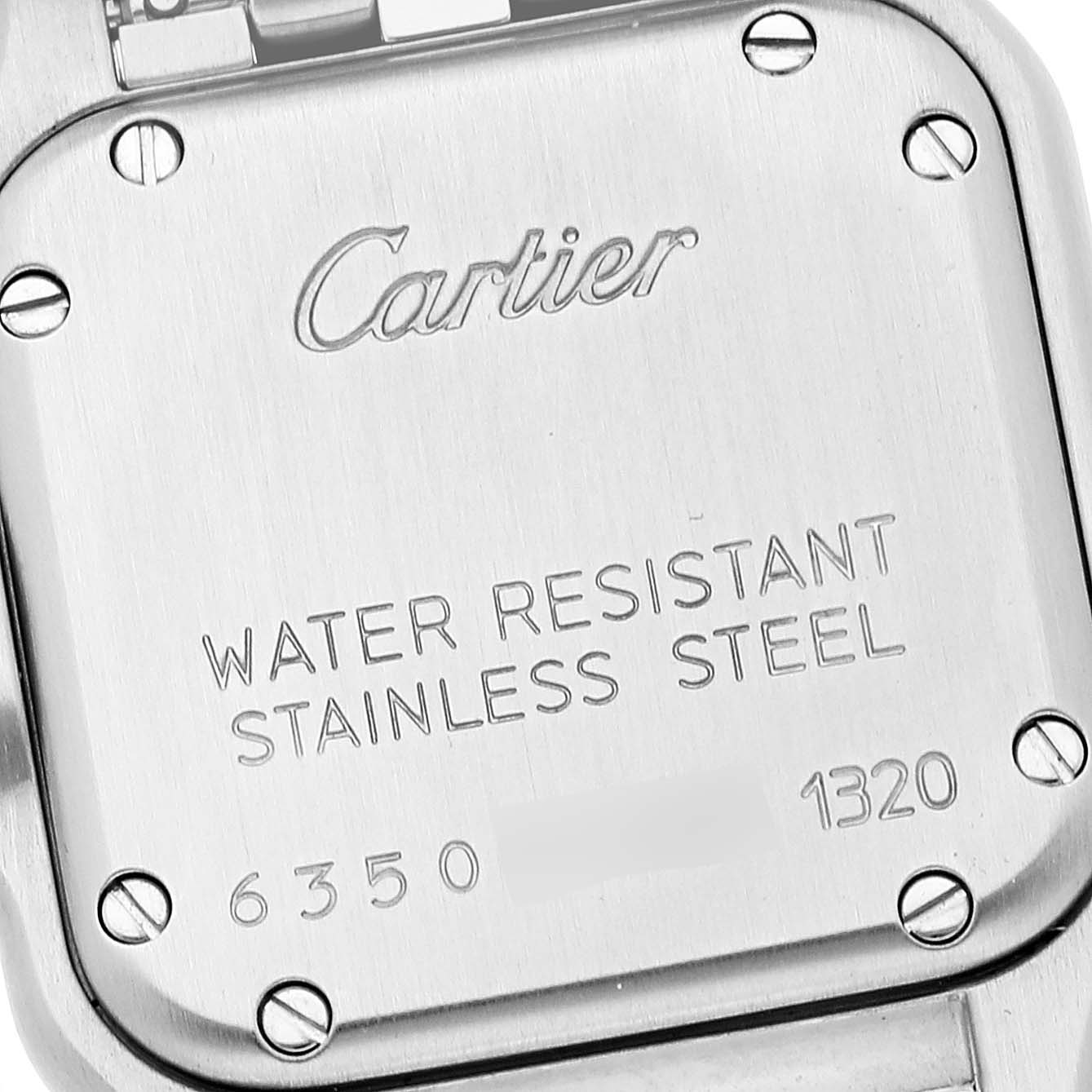 The image shows the back of a Cartier Panthere W25033P5 Women's Stainless Steel Silver Dial W25033P5 Women's Stainless Steel Silver Dial watch, highlighting the brand, water resistance, and material details.