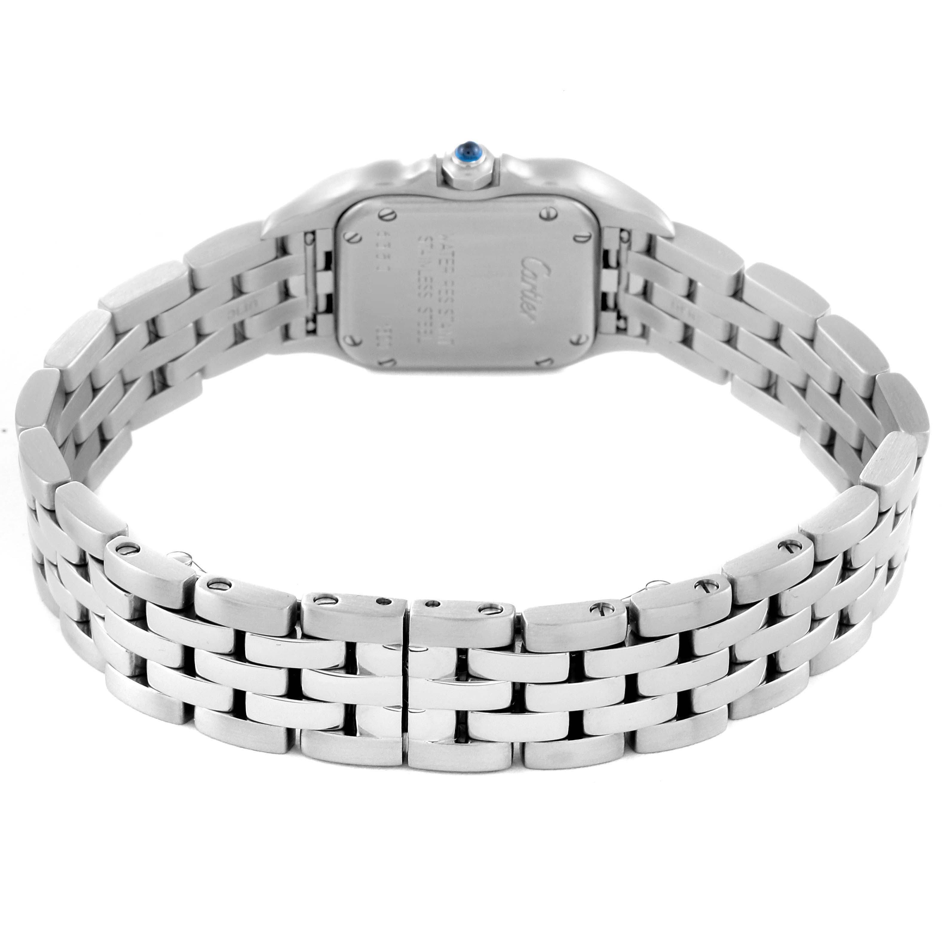 This image shows the back and bracelet of the Panthere watch by Cartier.