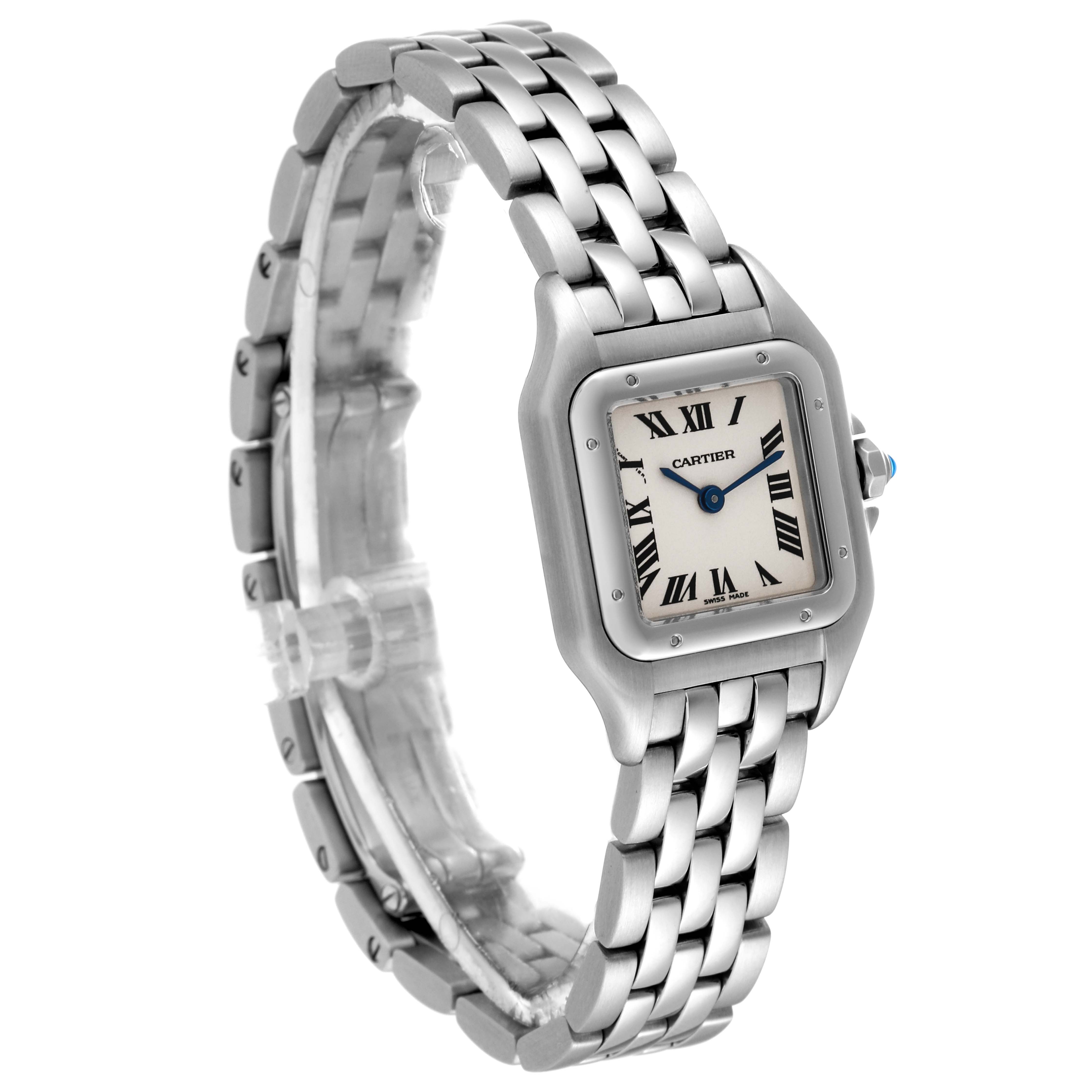 The image shows a three-quarter view of the Cartier Panthere W25033P5 Women's Stainless Steel Silver Dial W25033P5 Women's Stainless Steel Silver Dial watch, highlighting its face, bezel, and metal link bracelet.