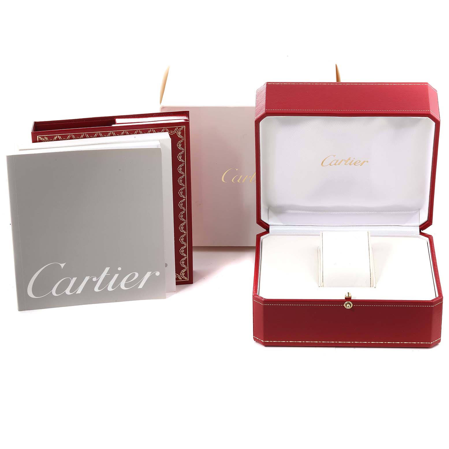 This image shows the packaging and accessories of the Cartier Panthere W25033P5 Women's Stainless Steel Silver Dial W25033P5 Women's Stainless Steel Silver Dial model watch, including the box, case, and booklet.