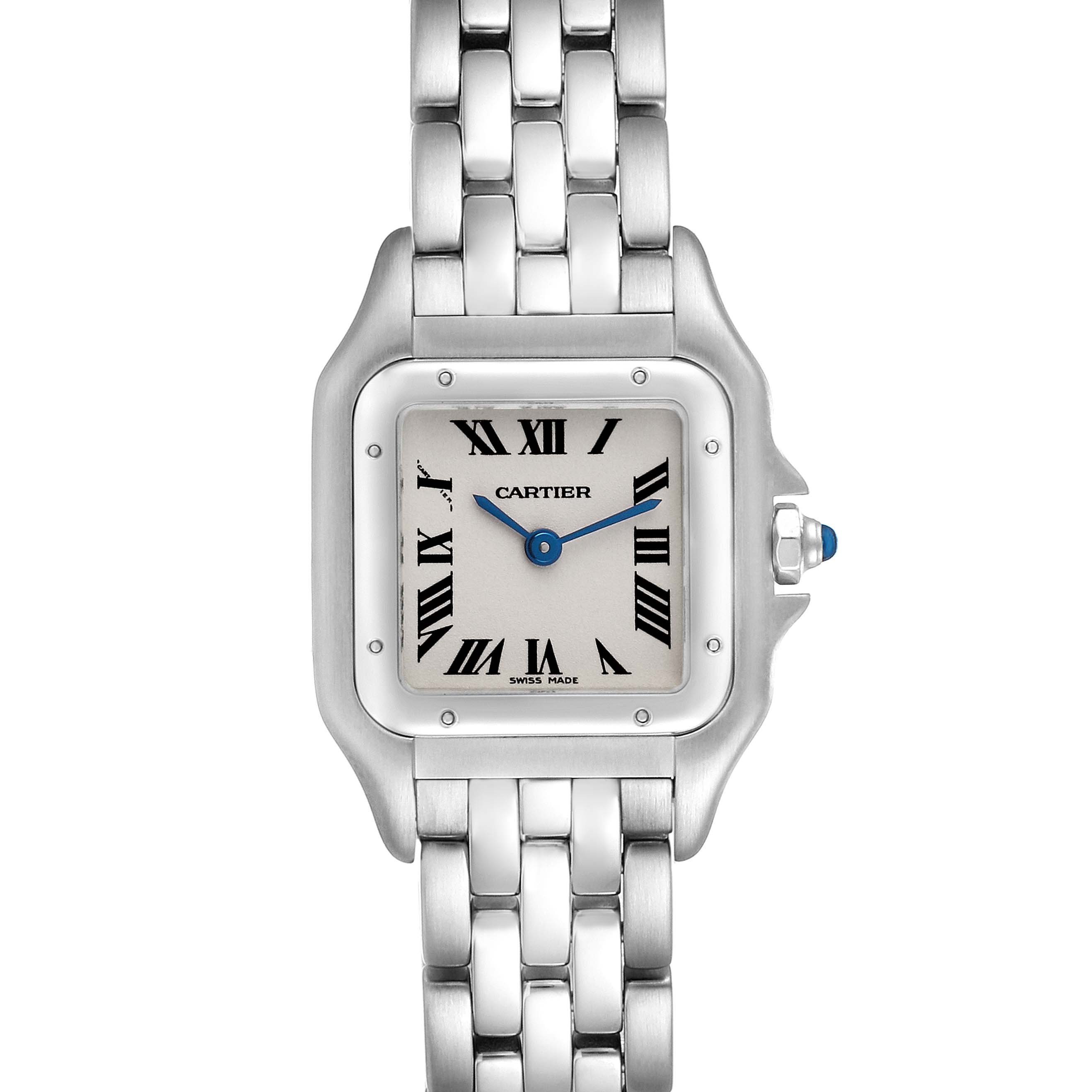 This image shows a front view of the Cartier Panthere W25033P5 Women's Stainless Steel Silver Dial W25033P5 Women's Stainless Steel Silver Dial watch, displaying its face, dial, and bracelet.