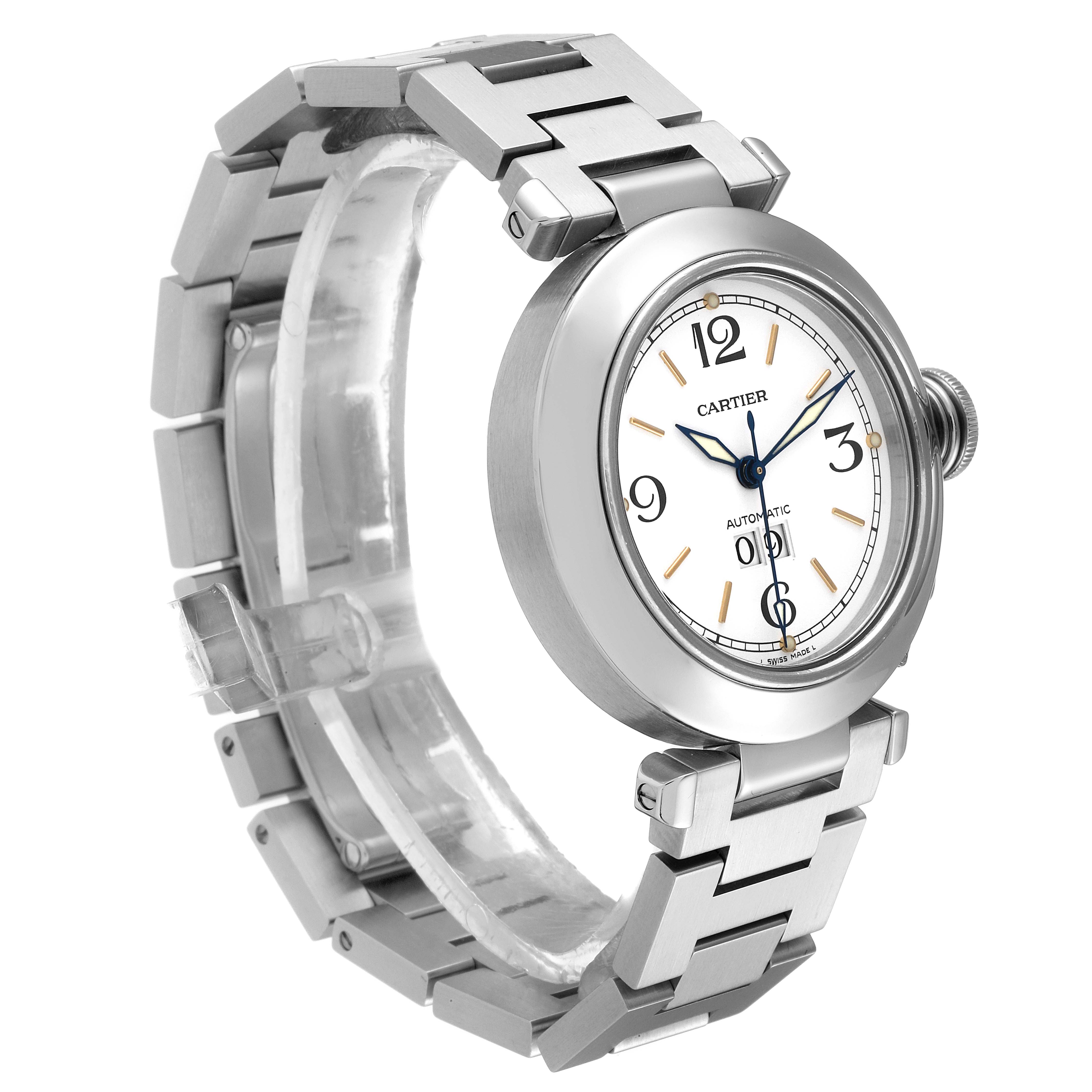 This image shows a side angle of the Cartier Pasha W31044M7 Men's Stainless Steel White Dial W31044M7 Men's Stainless Steel White Dial watch, highlighting its stainless steel bracelet and round dial.