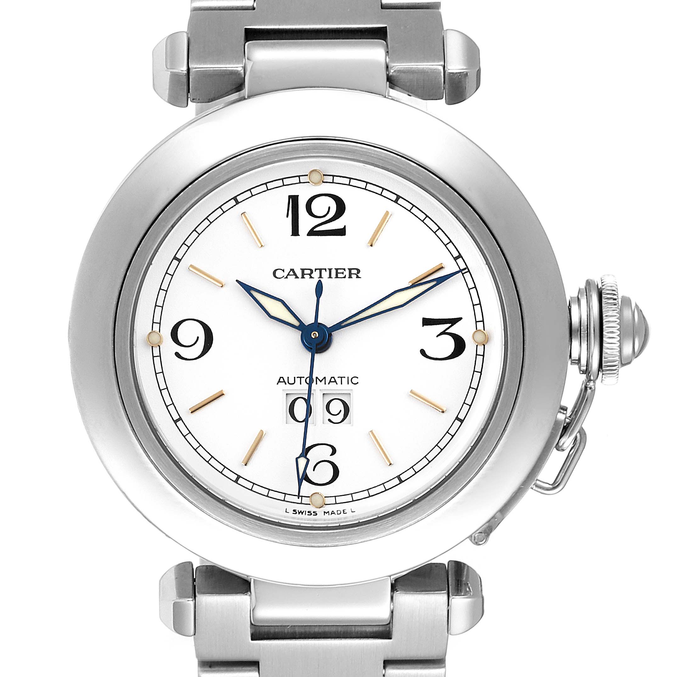 This image shows the front face and part of the bracelet of a Cartier Pasha W31044M7 Men's Stainless Steel White Dial W31044M7 Men's Stainless Steel White Dial watch.