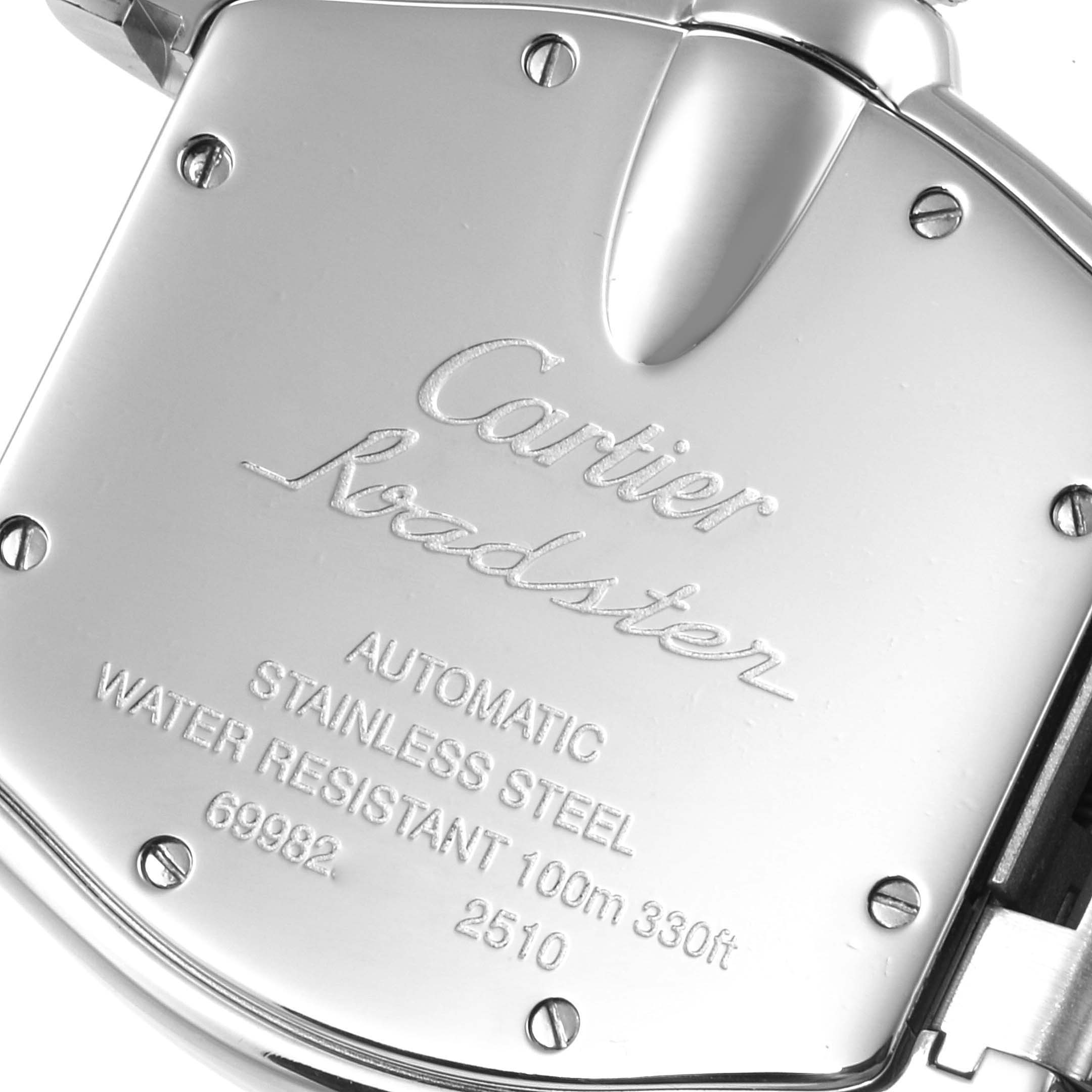The image shows the back case of a Cartier Roadster W62004V3 Men's Stainless Steel Black Dial W62004V3 Men's Stainless Steel Black Dial watch, highlighting its specifications and branding.