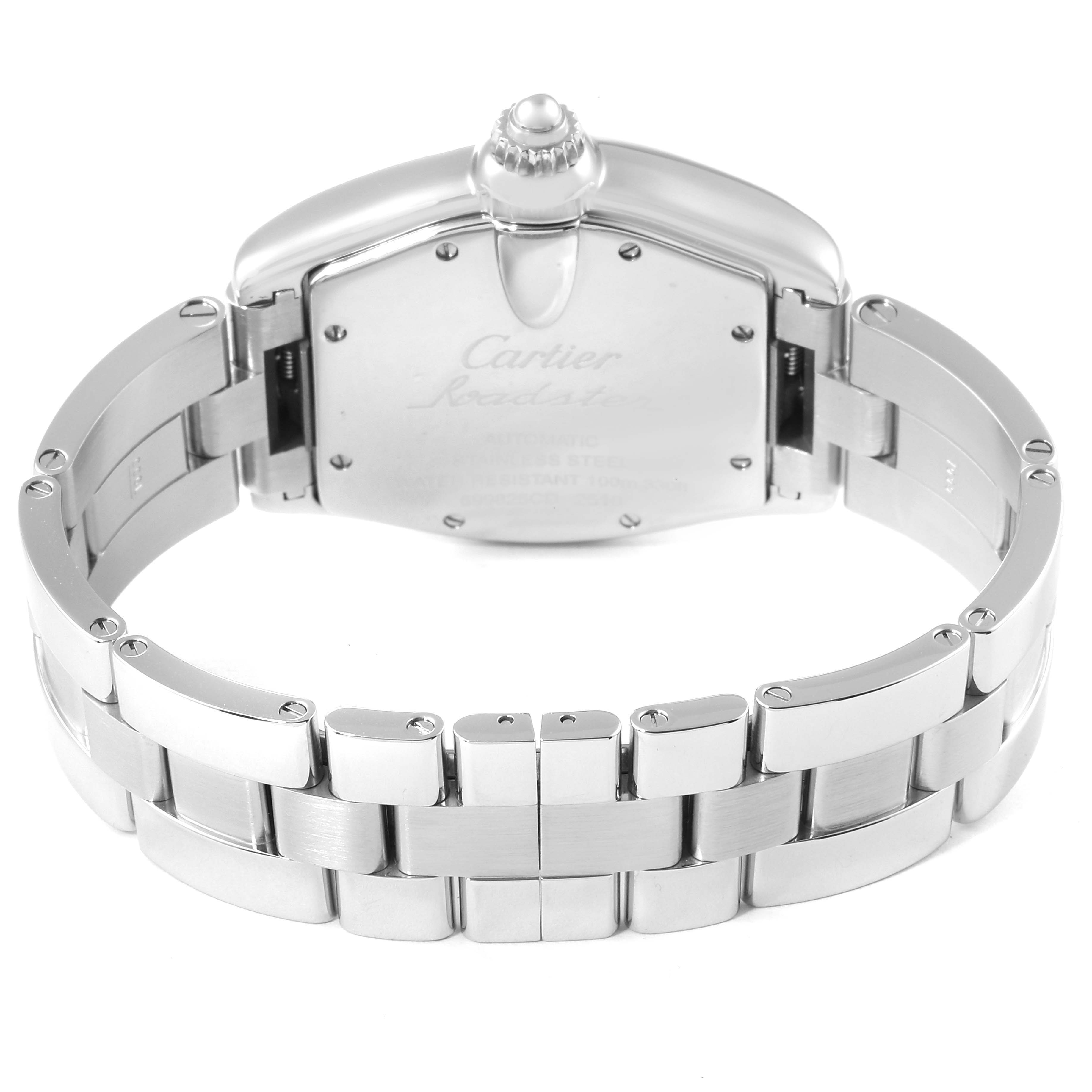 The image shows the back case and bracelet of a Cartier Roadster W62004V3 Men's Stainless Steel Black Dial W62004V3 Men's Stainless Steel Black Dial model watch from a rear view angle.