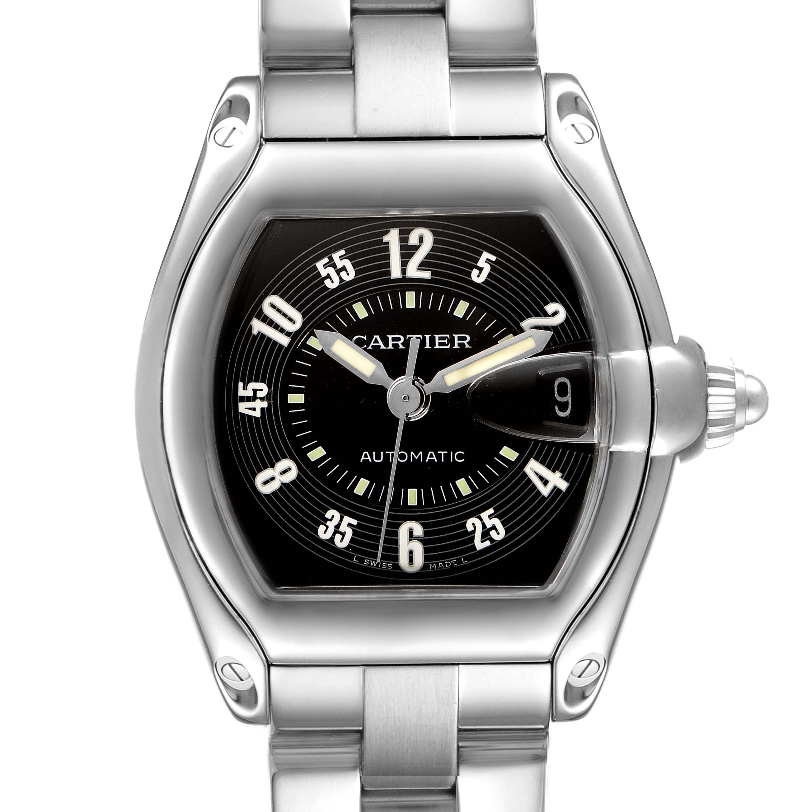 The image shows a Cartier Roadster W62004V3 Men's Stainless Steel Black Dial W62004V3 Men's Stainless Steel Black Dial model watch from a top-down angle, displaying the dial, hands, crown, and part of the bracelet.