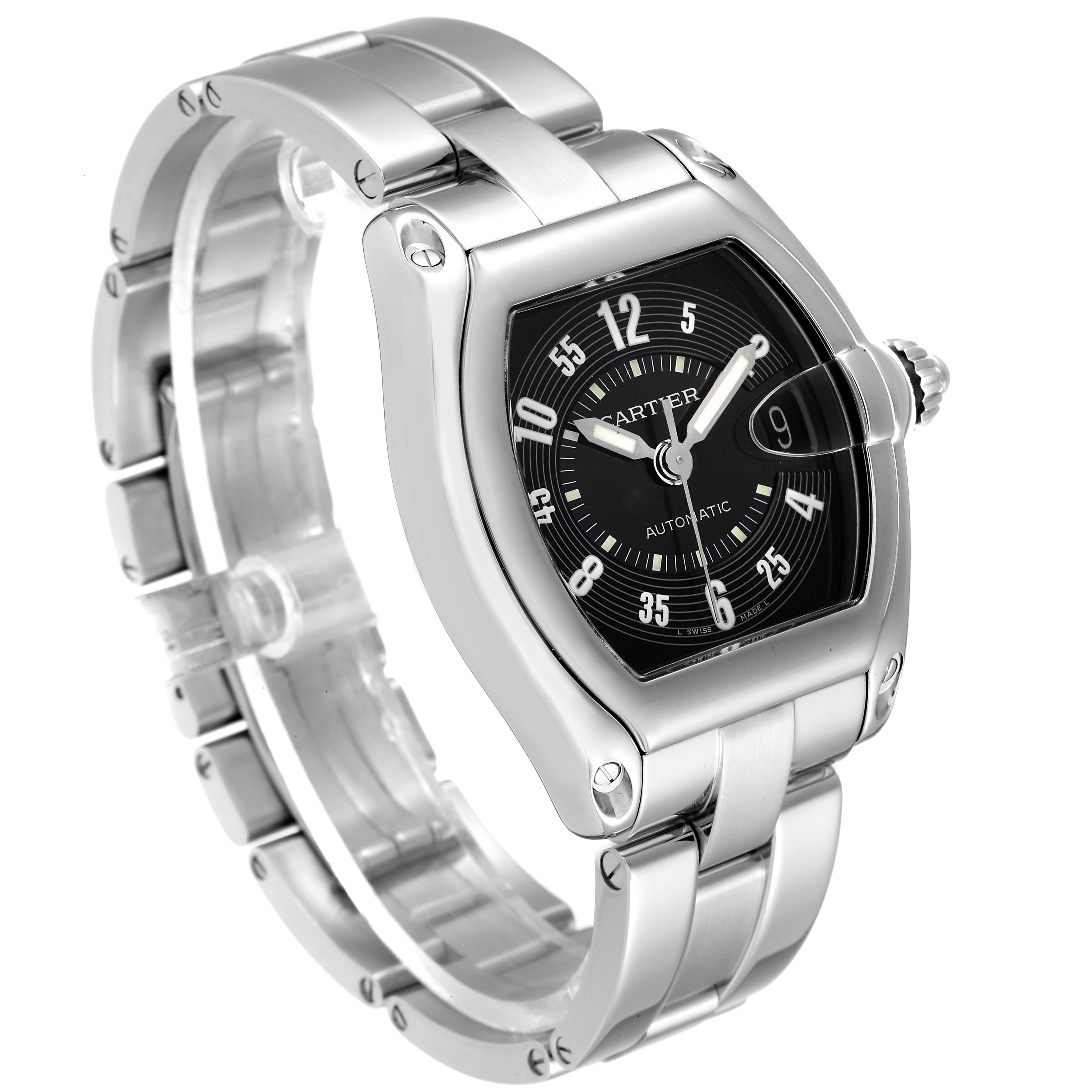 The Cartier Roadster W62004V3 Men's Stainless Steel Black Dial W62004V3 Men's Stainless Steel Black Dial watch is shown at a three-quarter angle, showcasing its face, bezel, bracelet, and crown.