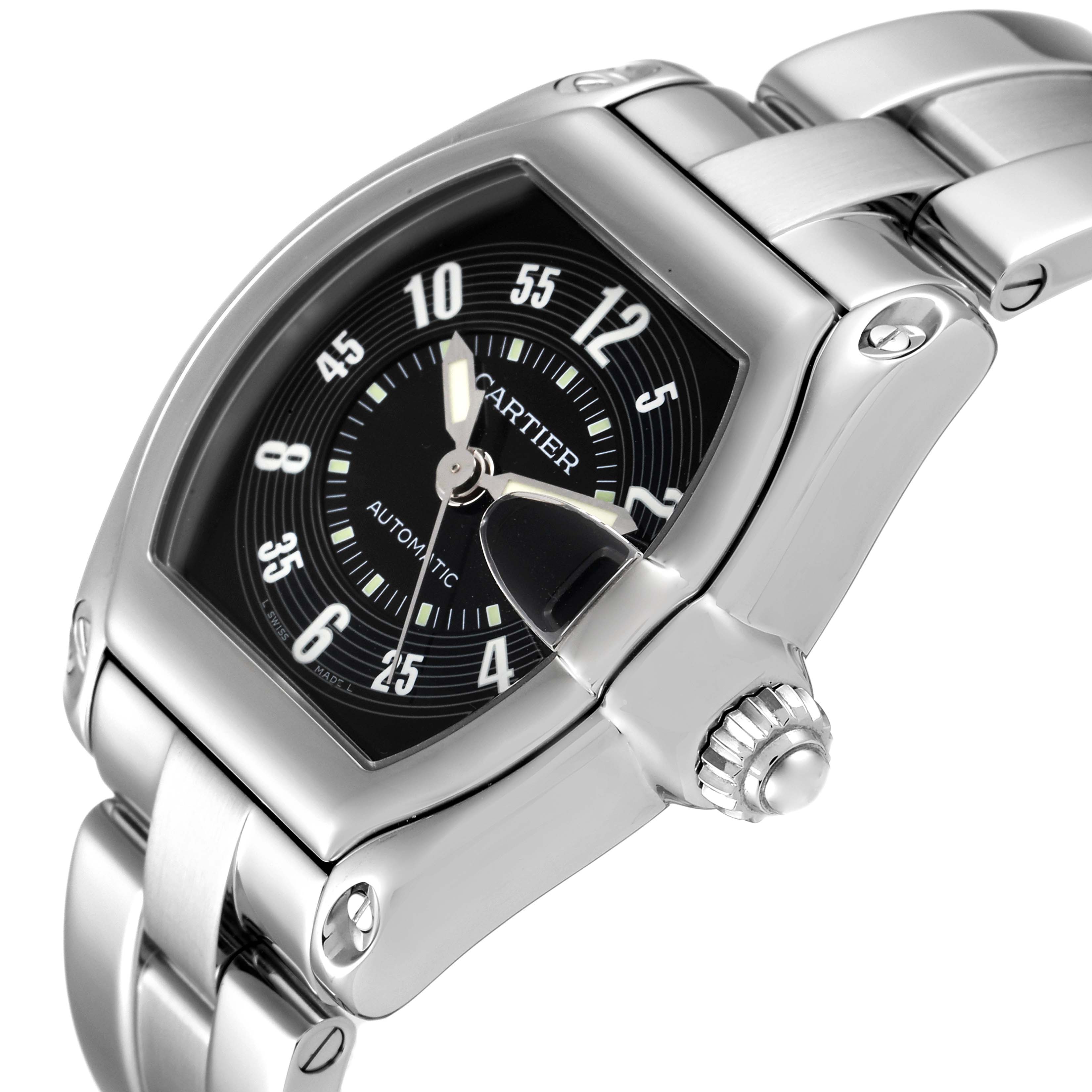 The Cartier Roadster W62004V3 Men's Stainless Steel Black Dial W62004V3 Men's Stainless Steel Black Dial watch is shown from a top angle, highlighting its face, bezel, and part of the bracelet.