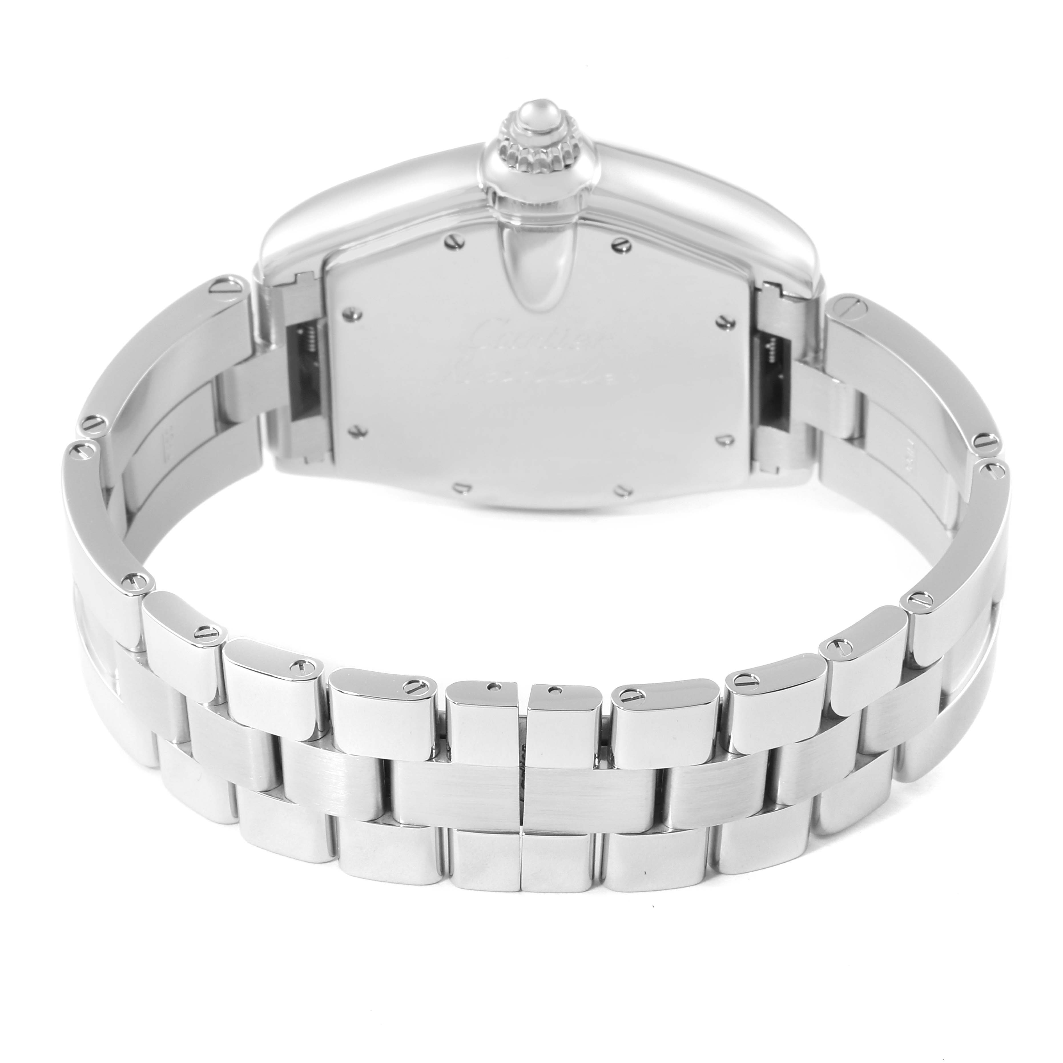 This image shows the back and bracelet of the Cartier Roadster W62002V3 Men
s Stainless Steel Black Dial W62002V3 Men
s Stainless Steel Black Dial watch, focusing on the clasp and case back.