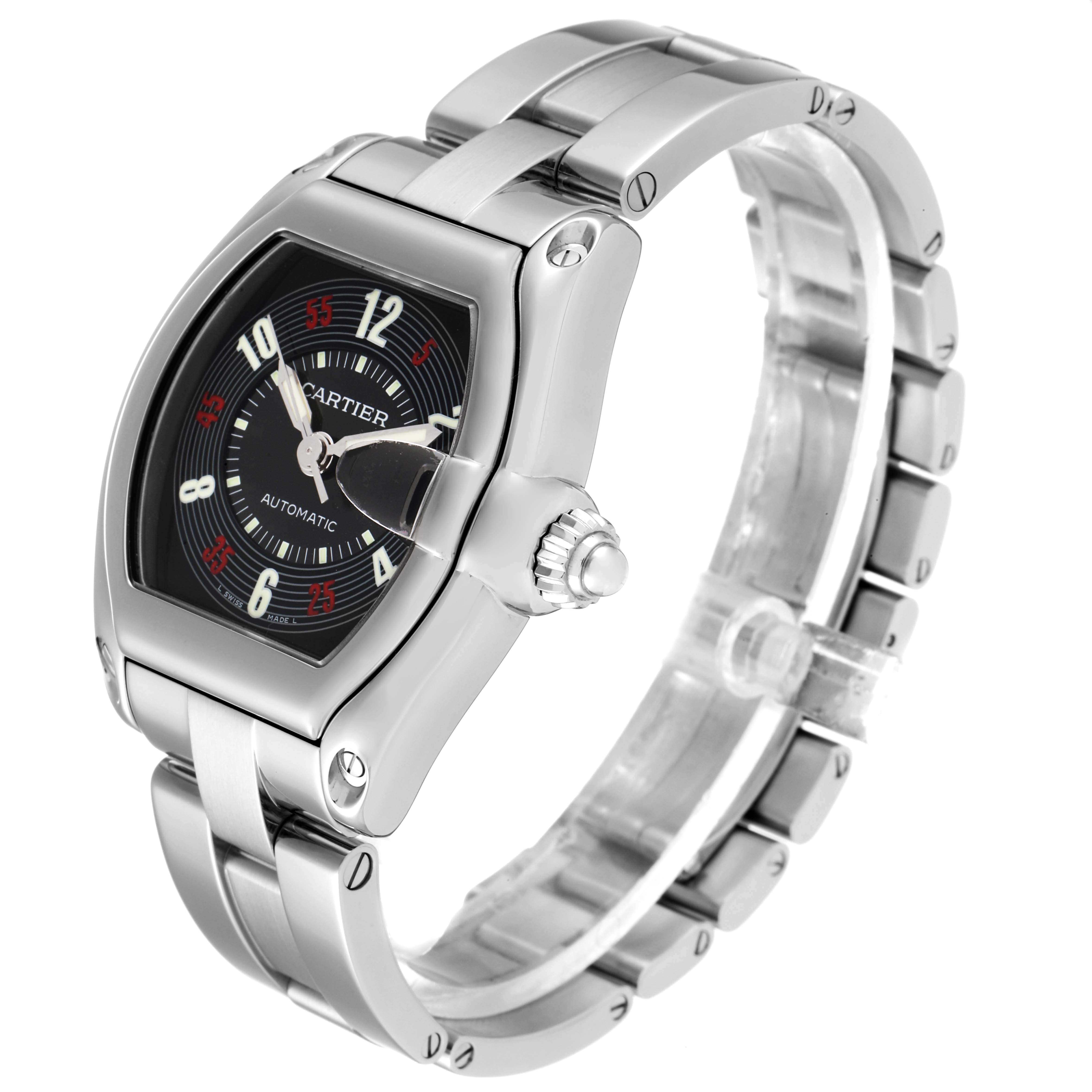 This image shows a Cartier Roadster W62002V3 Men
s Stainless Steel Black Dial W62002V3 Men
s Stainless Steel Black Dial watch at an oblique angle, highlighting its face, crown, and metal bracelet.