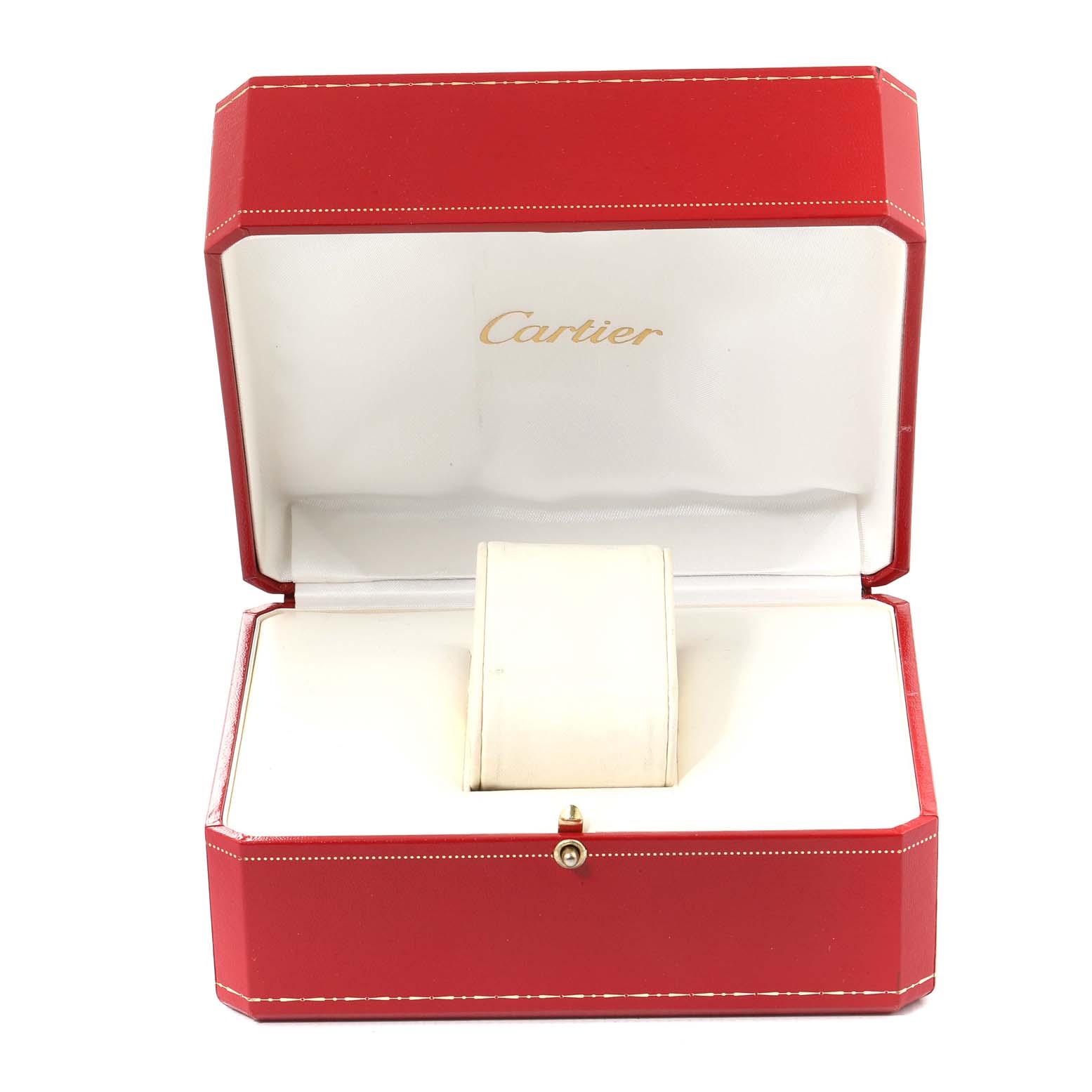 The image shows an open Cartier Roadster W62002V3 Men
s Stainless Steel Black Dial W62002V3 Men
s Stainless Steel Black Dial watch box, revealing an empty cushion inside.