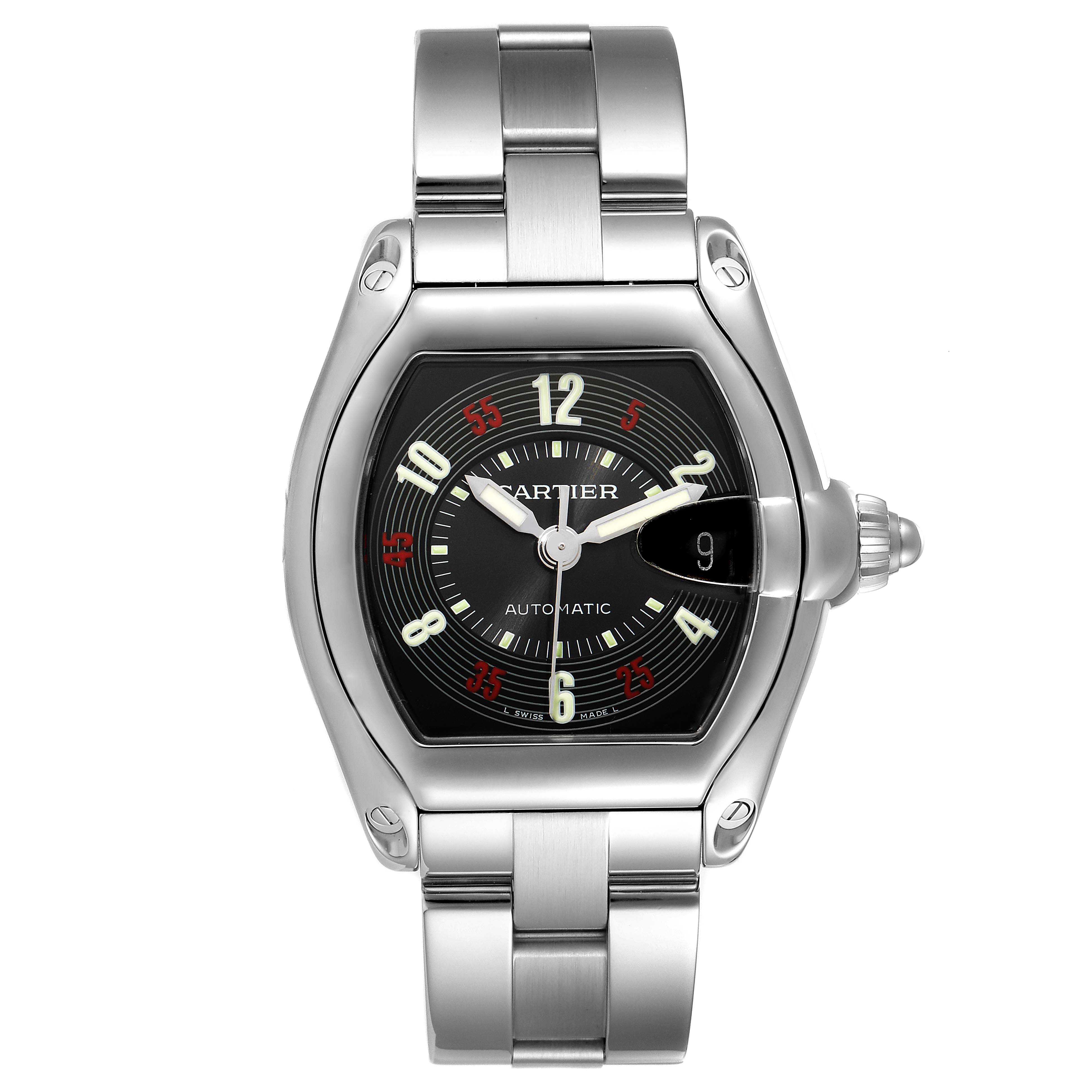 This image shows a straight-on view of the Cartier Roadster W62002V3 Men
s Stainless Steel Black Dial W62002V3 Men
s Stainless Steel Black Dial watch, highlighting its face, dial, and metal bracelet.