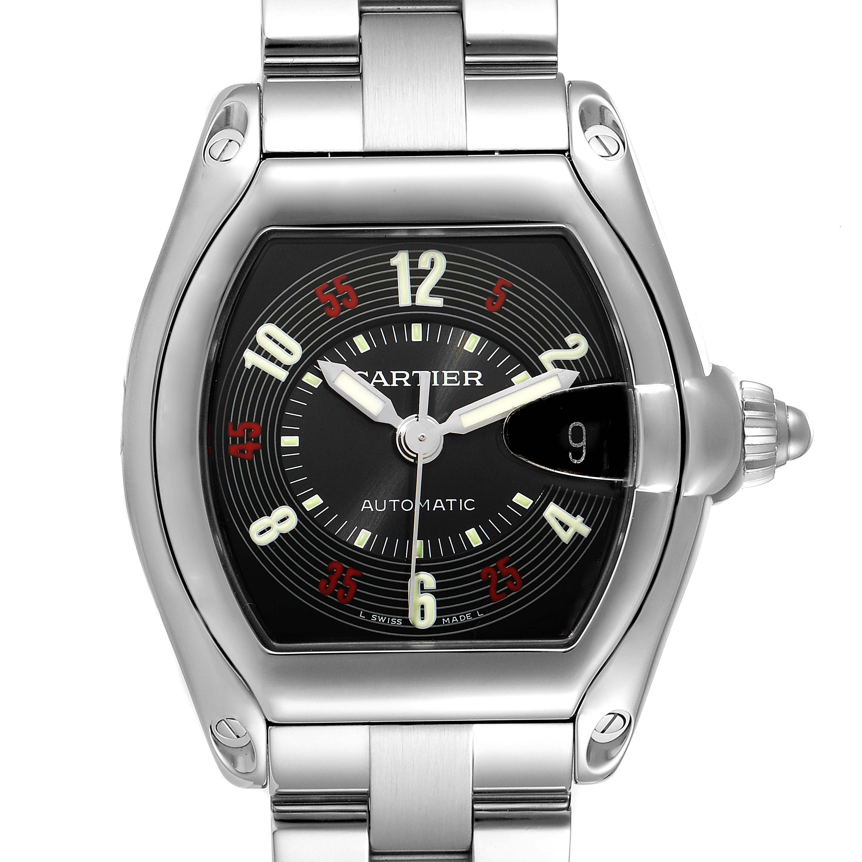 The image shows a front view of the Cartier Roadster W62002V3 Men
s Stainless Steel Black Dial W62002V3 Men
s Stainless Steel Black Dial model watch, displaying the face, bezel, and part of the bracelet.