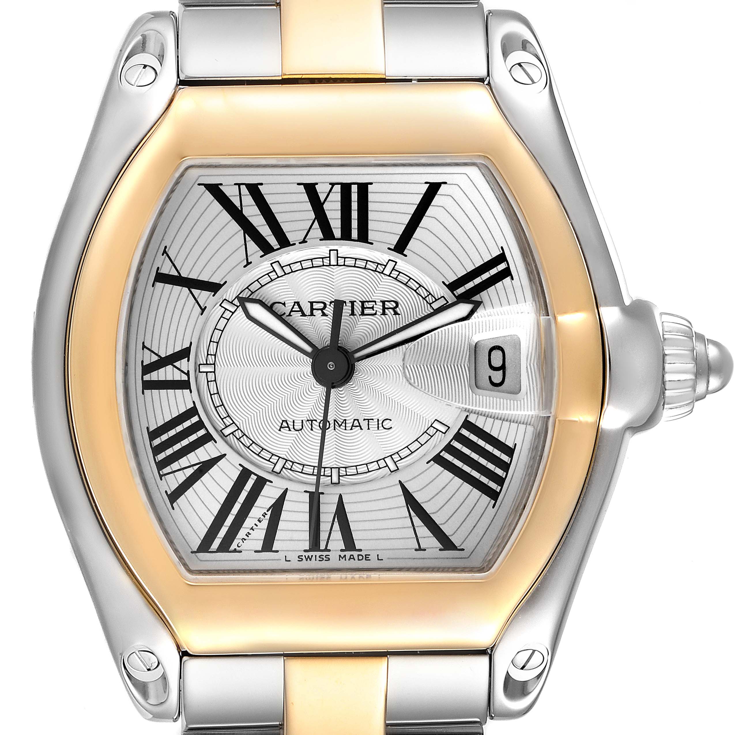 This image displays a frontal view of a Cartier Roadster W62031Y4 Men
s Steel and Gold (two tone) Silver Dial W62031Y4 Men
s Steel and Gold (two tone) Silver Dial watch, highlighting the dial, hands, date window, and part of the bracelet.