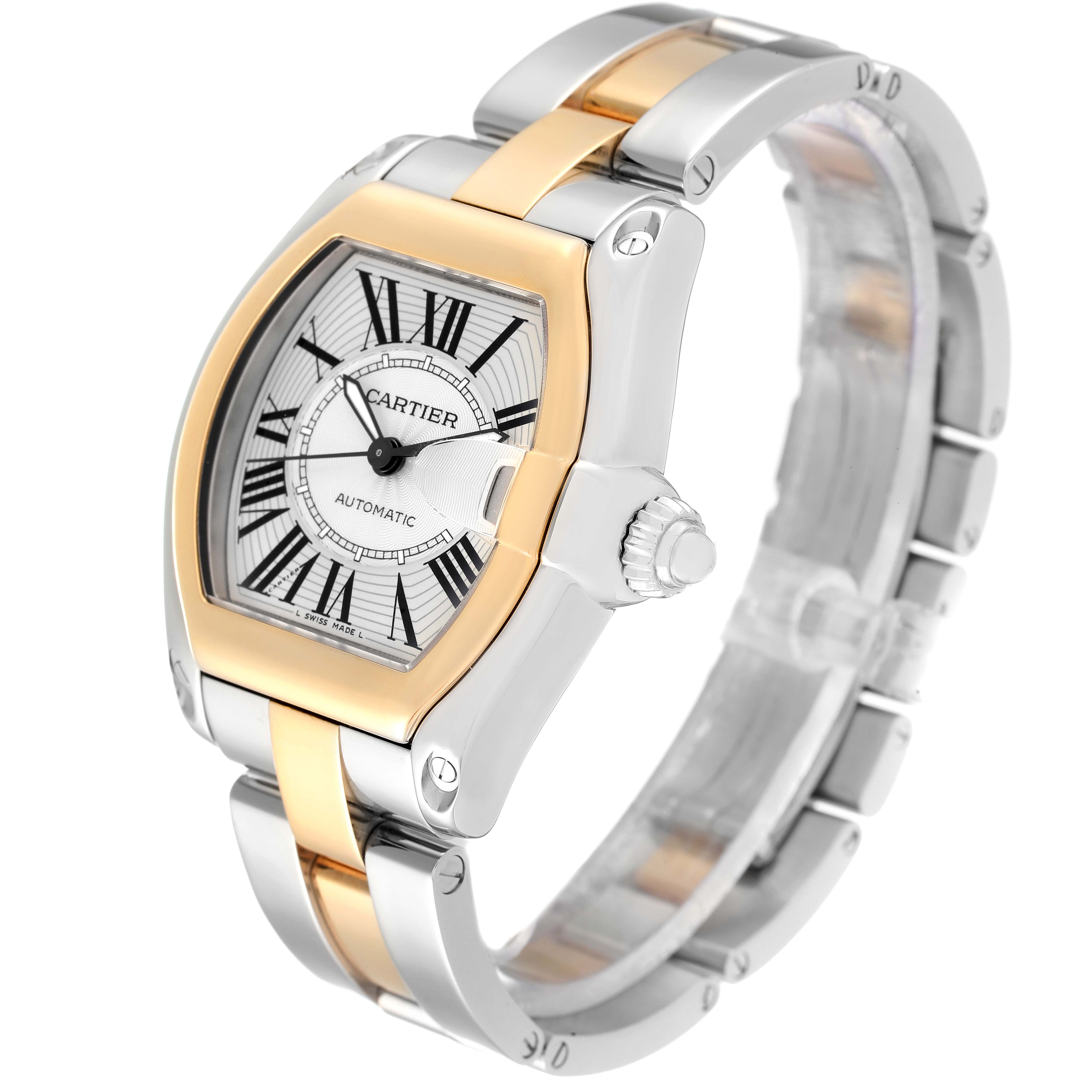 This image shows the Cartier Roadster W62031Y4 Men
s Steel and Gold (two tone) Silver Dial W62031Y4 Men
s Steel and Gold (two tone) Silver Dial watch at a three-quarter angle, highlighting the face, bezel, and bracelet.