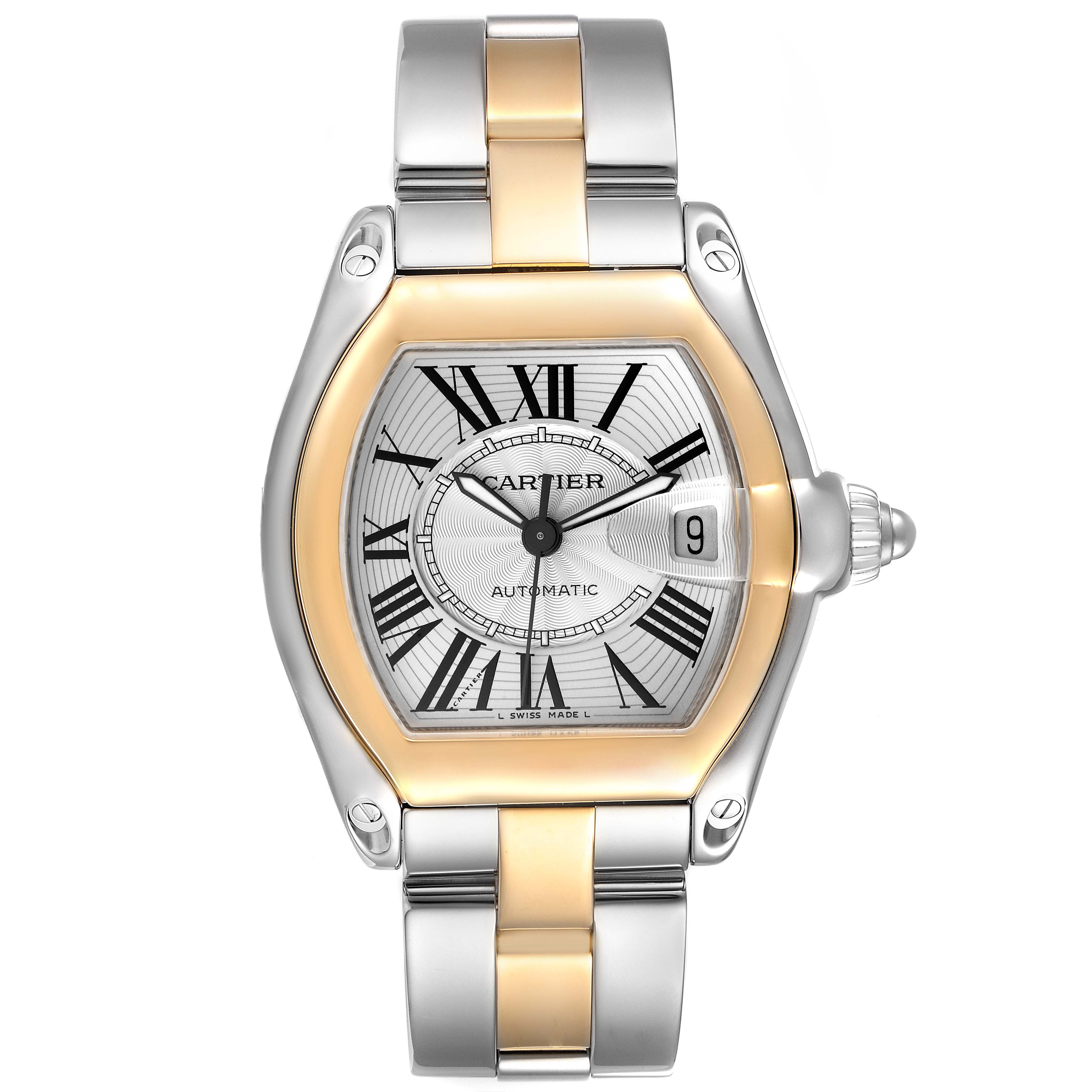 The Cartier Roadster W62031Y4 Men
s Steel and Gold (two tone) Silver Dial W62031Y4 Men
s Steel and Gold (two tone) Silver Dial watch is shown from a top-down view, displaying its face and bracelet clearly.