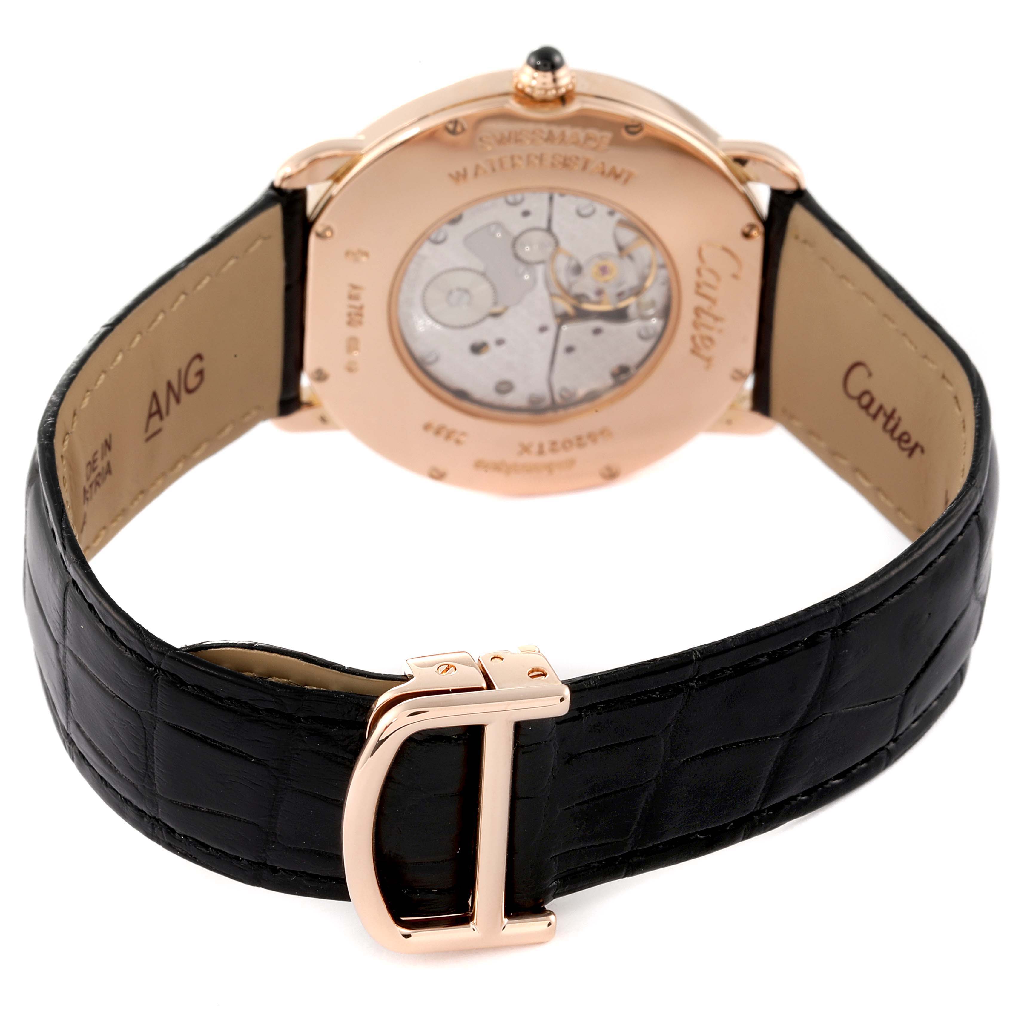 The image shows the back view of a Cartier Ronde W6800251 Men's Rose Gold Silver Dial W6800251 Men's Rose Gold Silver Dial model watch, highlighting the case back and black leather strap.