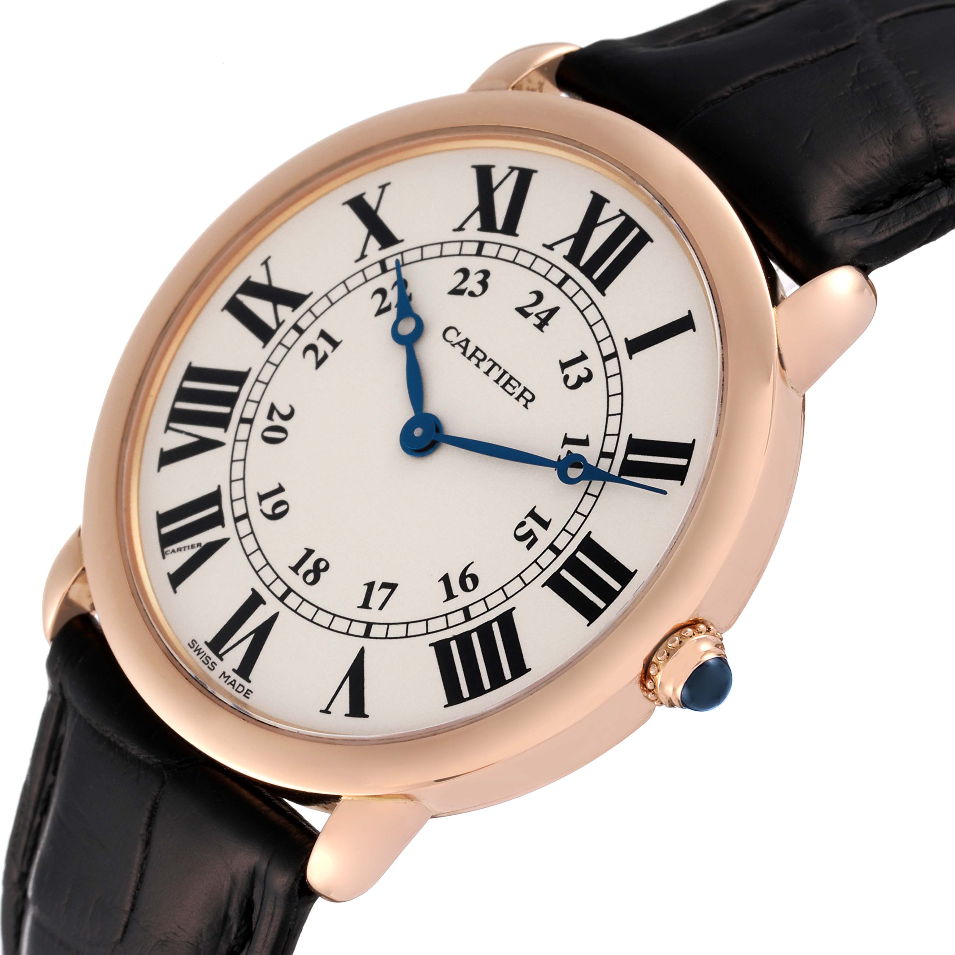 This image shows a close-up, angled view of the Cartier Ronde W6800251 Men's Rose Gold Silver Dial W6800251 Men's Rose Gold Silver Dial watch's face and leather strap.