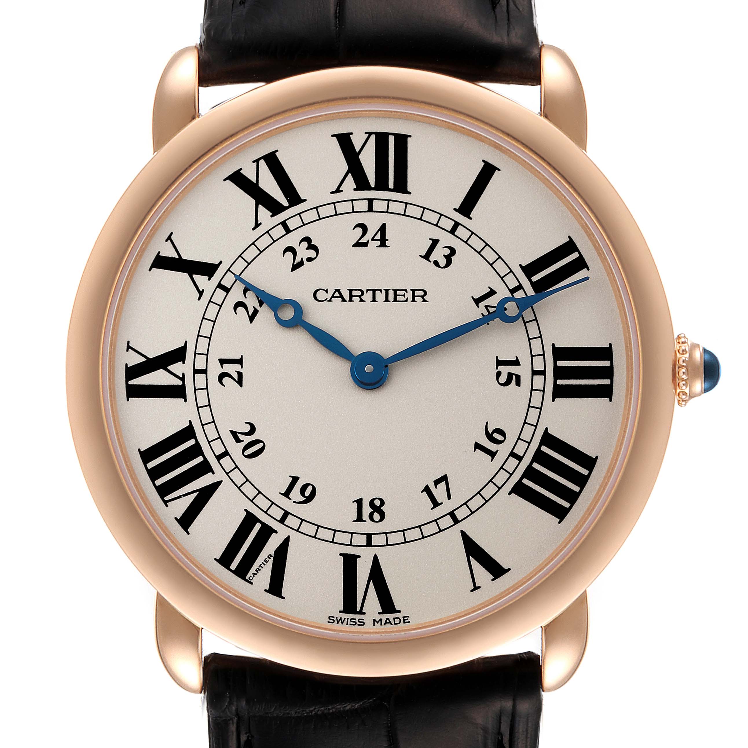 This image shows the Cartier Ronde W6800251 Men's Rose Gold Silver Dial W6800251 Men's Rose Gold Silver Dial watch from a front angle, displaying its dial, Roman numerals, hands, and part of the strap.