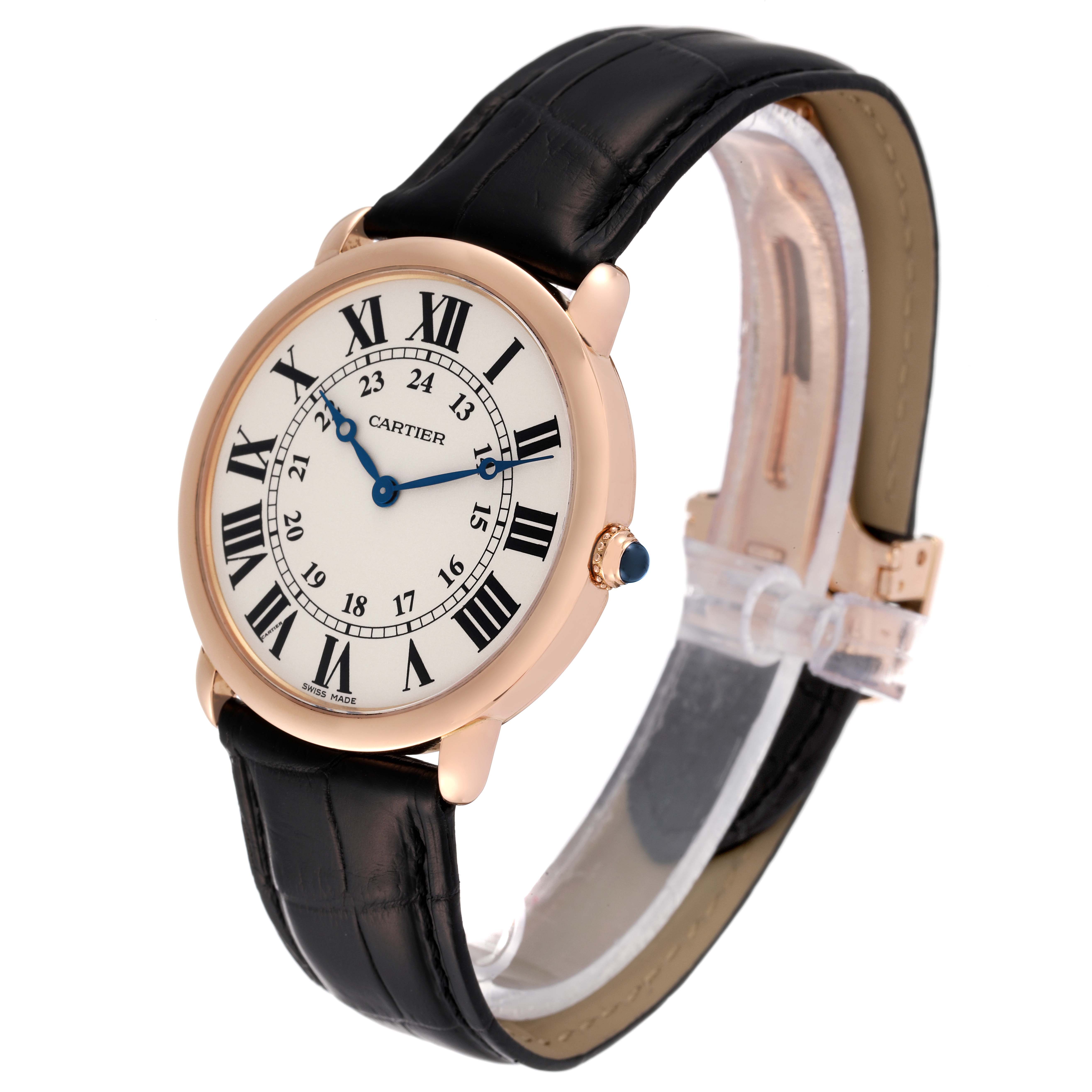 The Cartier Ronde W6800251 Men's Rose Gold Silver Dial W6800251 Men's Rose Gold Silver Dial watch is shown at an angle displaying its face, bezel, crown, and strap.