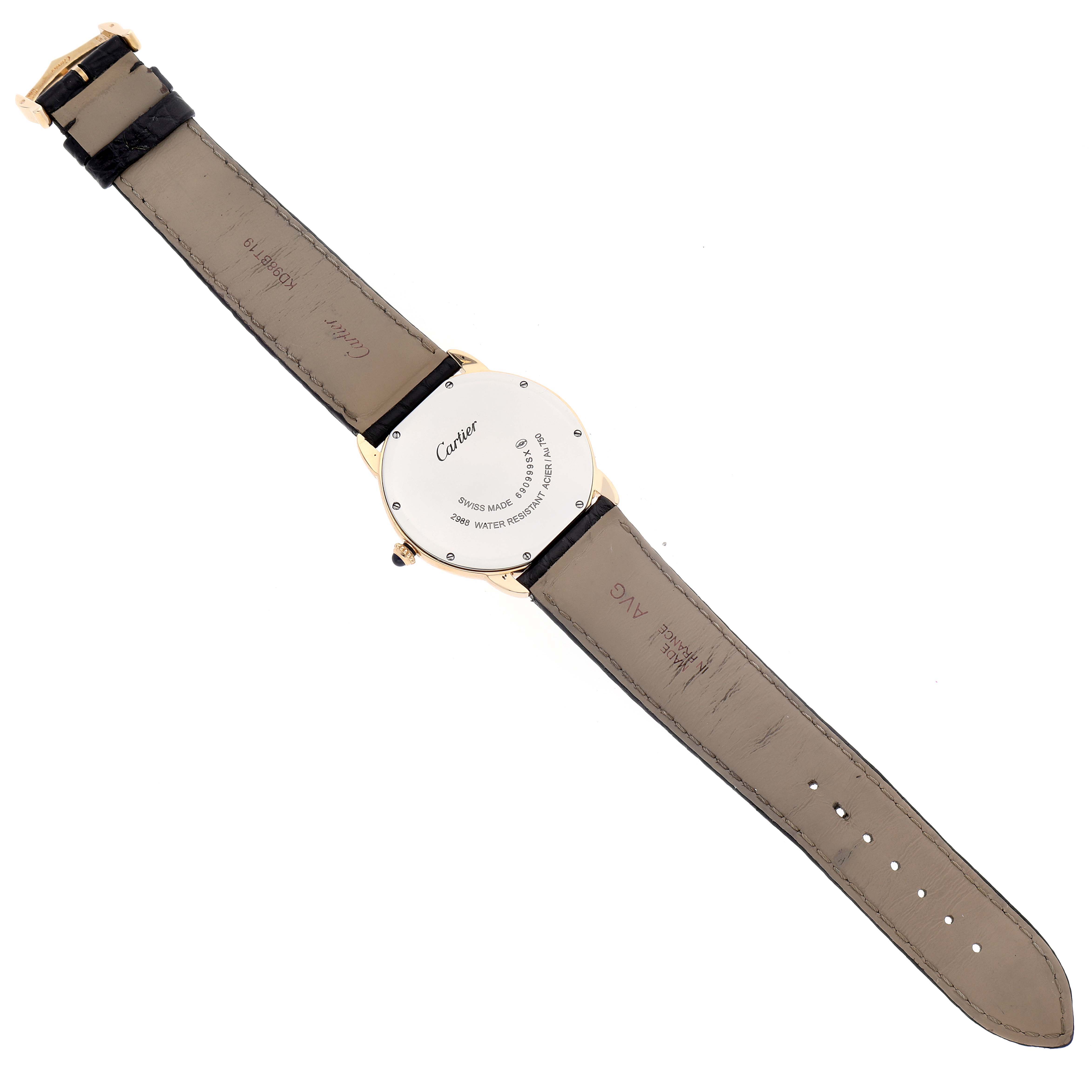 This image shows the back of a Cartier Ronde W6700455 Men's Yellow Gold Silver Dial W6700455 Men's Yellow Gold Silver Dial model watch, displaying the case back and leather straps.