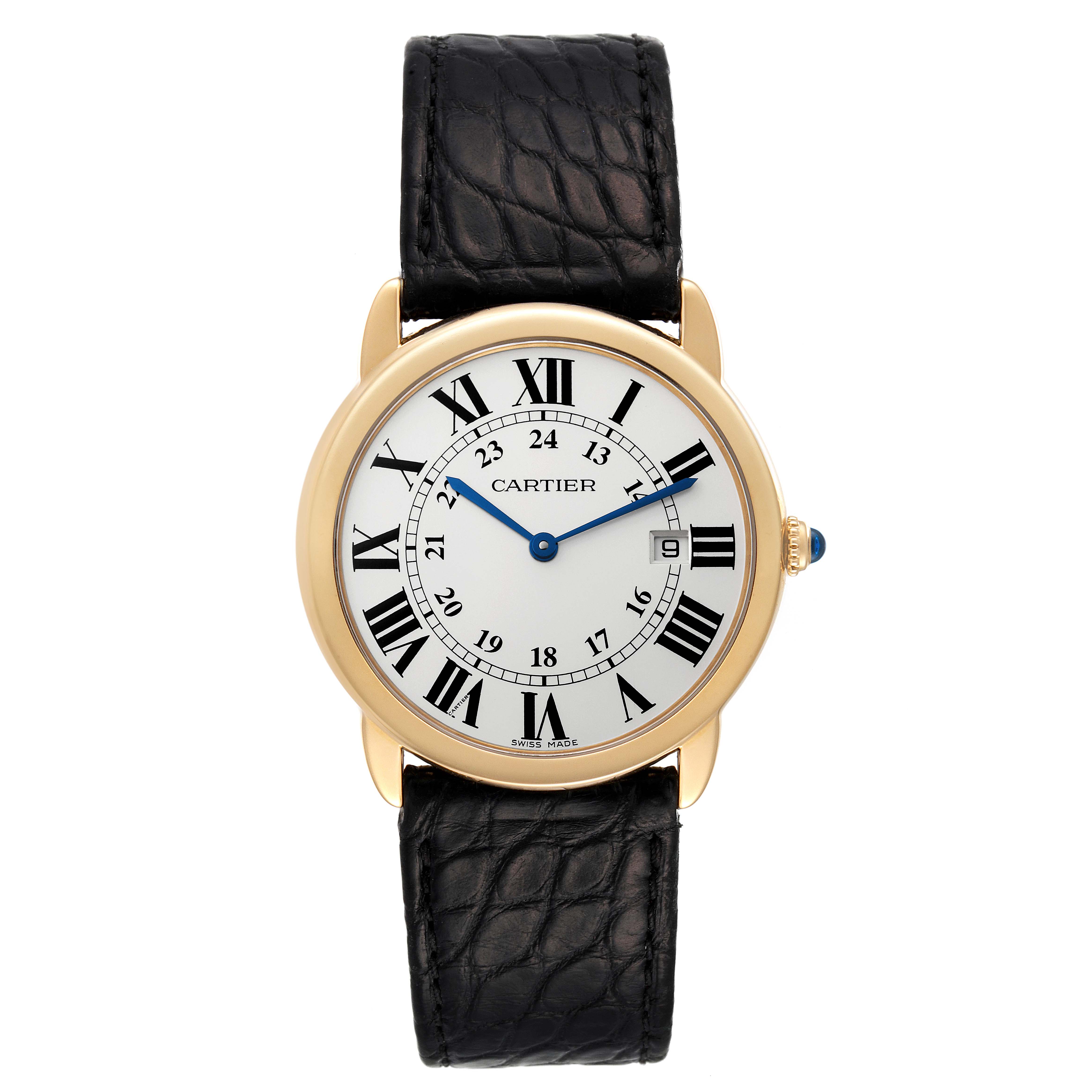 The Cartier Ronde W6700455 Men's Yellow Gold Silver Dial W6700455 Men's Yellow Gold Silver Dial model watch is shown in a straight-on view, displaying the face, bezel, crown, and black leather strap.