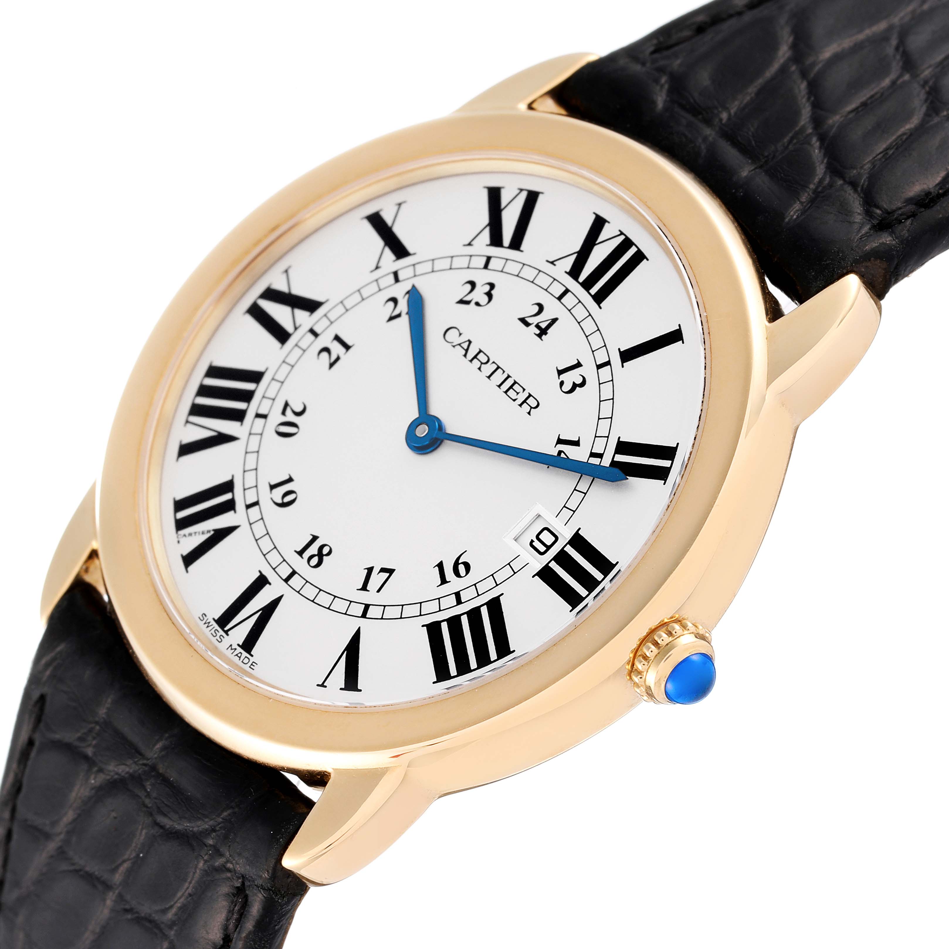 This image shows a Cartier Ronde W6700455 Men's Yellow Gold Silver Dial W6700455 Men's Yellow Gold Silver Dial watch from a slight angled view, highlighting its dial, Roman numerals, and leather strap.