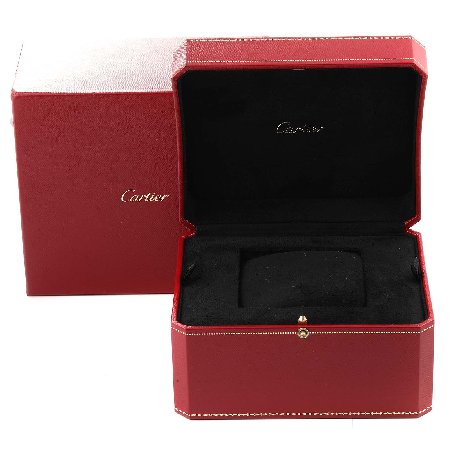 The image shows an open Cartier Ronde W6700455 Men's Yellow Gold Silver Dial W6700455 Men's Yellow Gold Silver Dial model watch case, displaying the interior packaging and outer red box.