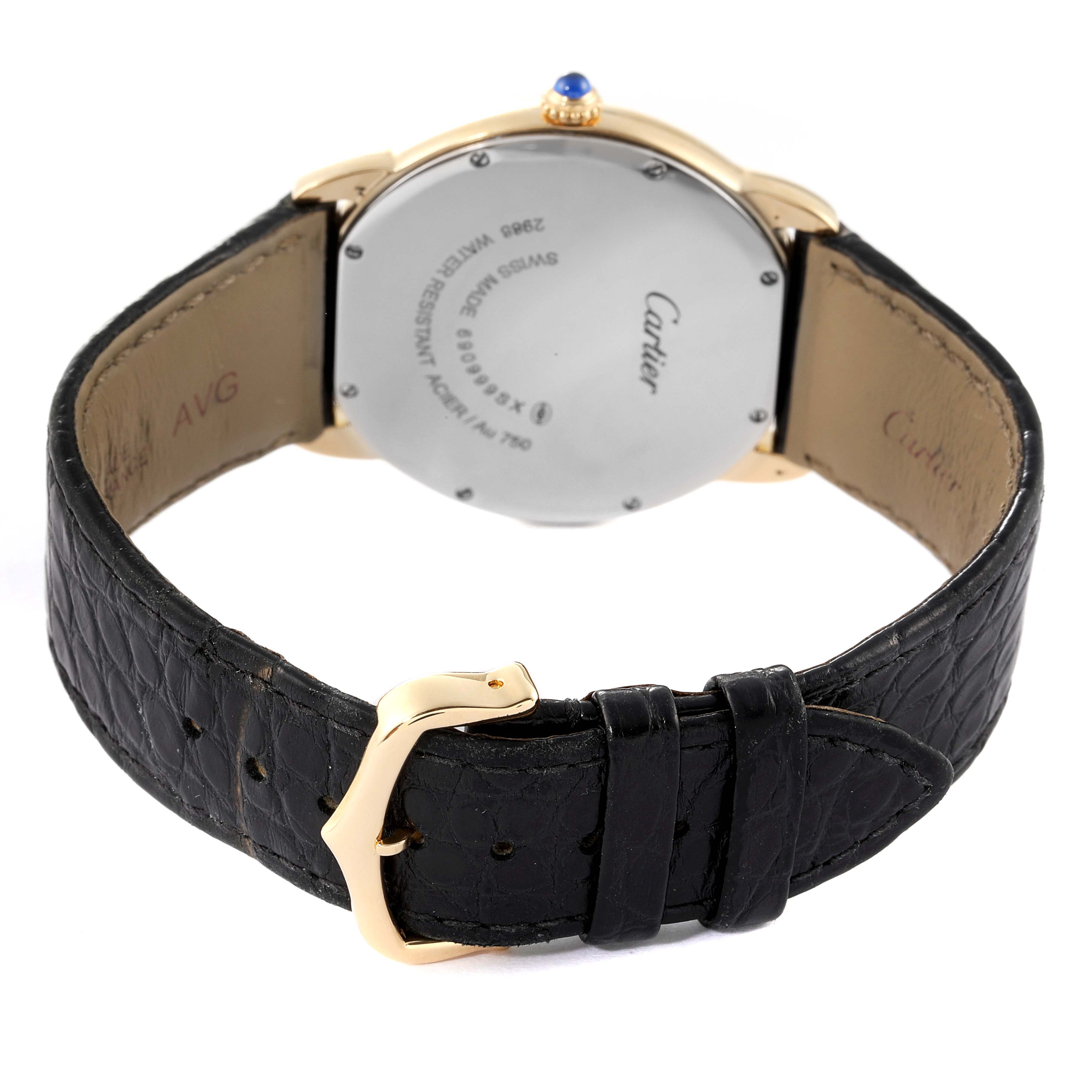 This image shows the back view of the Cartier Ronde W6700455 Men's Yellow Gold Silver Dial W6700455 Men's Yellow Gold Silver Dial watch, highlighting the leather strap and stainless steel case back.