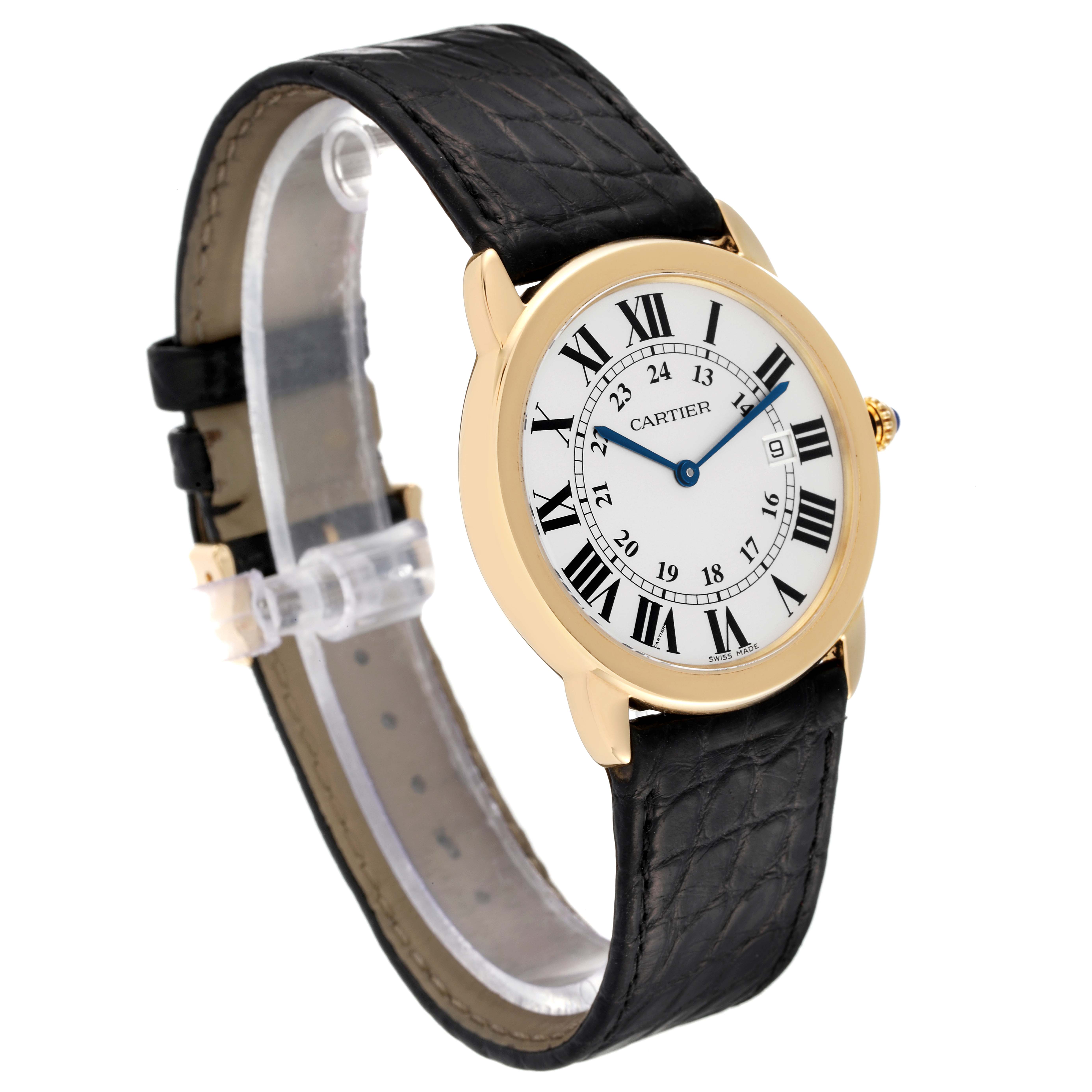 The image shows a Cartier Ronde W6700455 Men's Yellow Gold Silver Dial W6700455 Men's Yellow Gold Silver Dial watch at a slight side angle, displaying its face, case, and black leather strap.