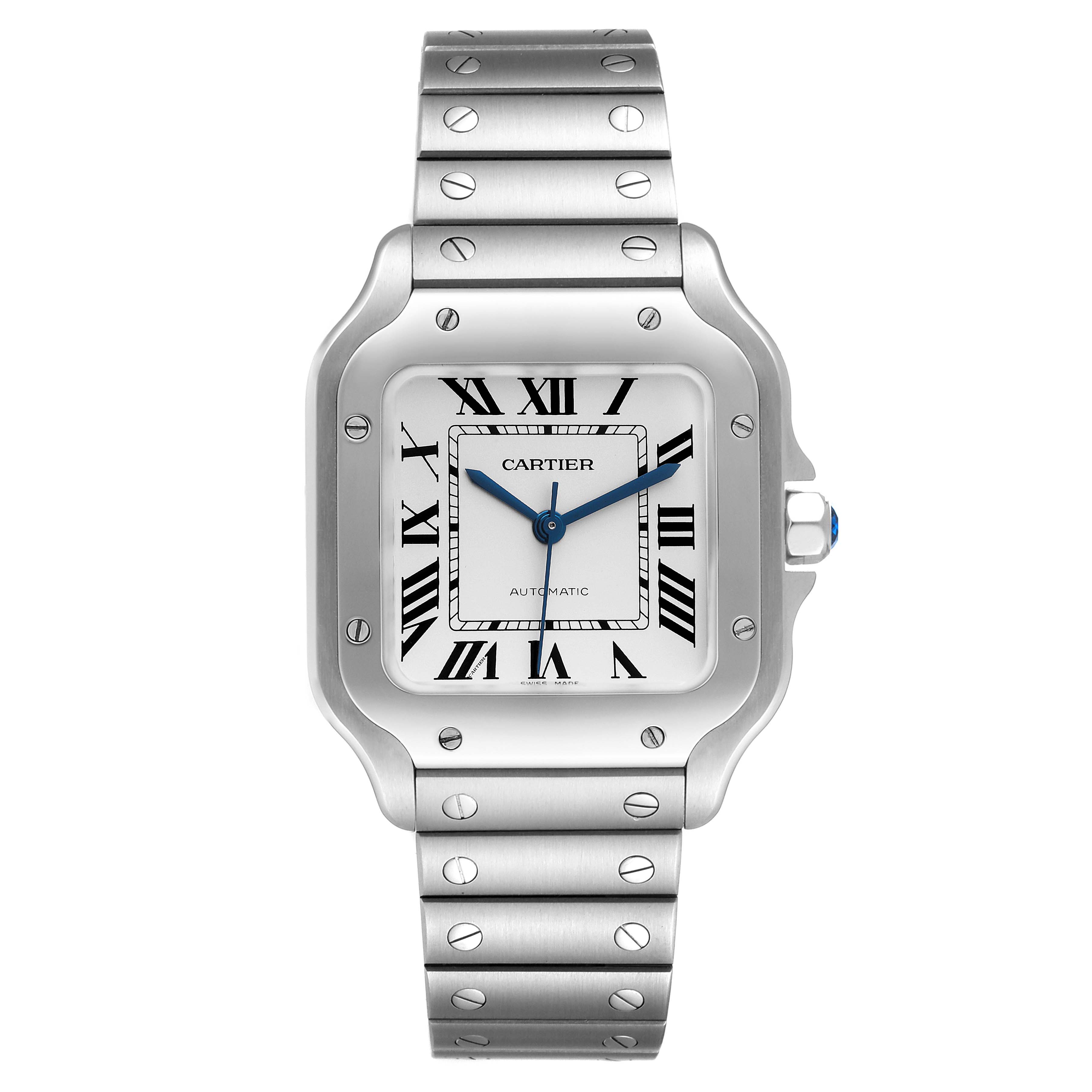The image shows a frontal view of a Cartier Santos WSSA0029 Men
s Stainless Steel Silver Dial WSSA0029 Men
s Stainless Steel Silver Dial watch with a rectangular case, silver bracelet, and Roman numeral dial.