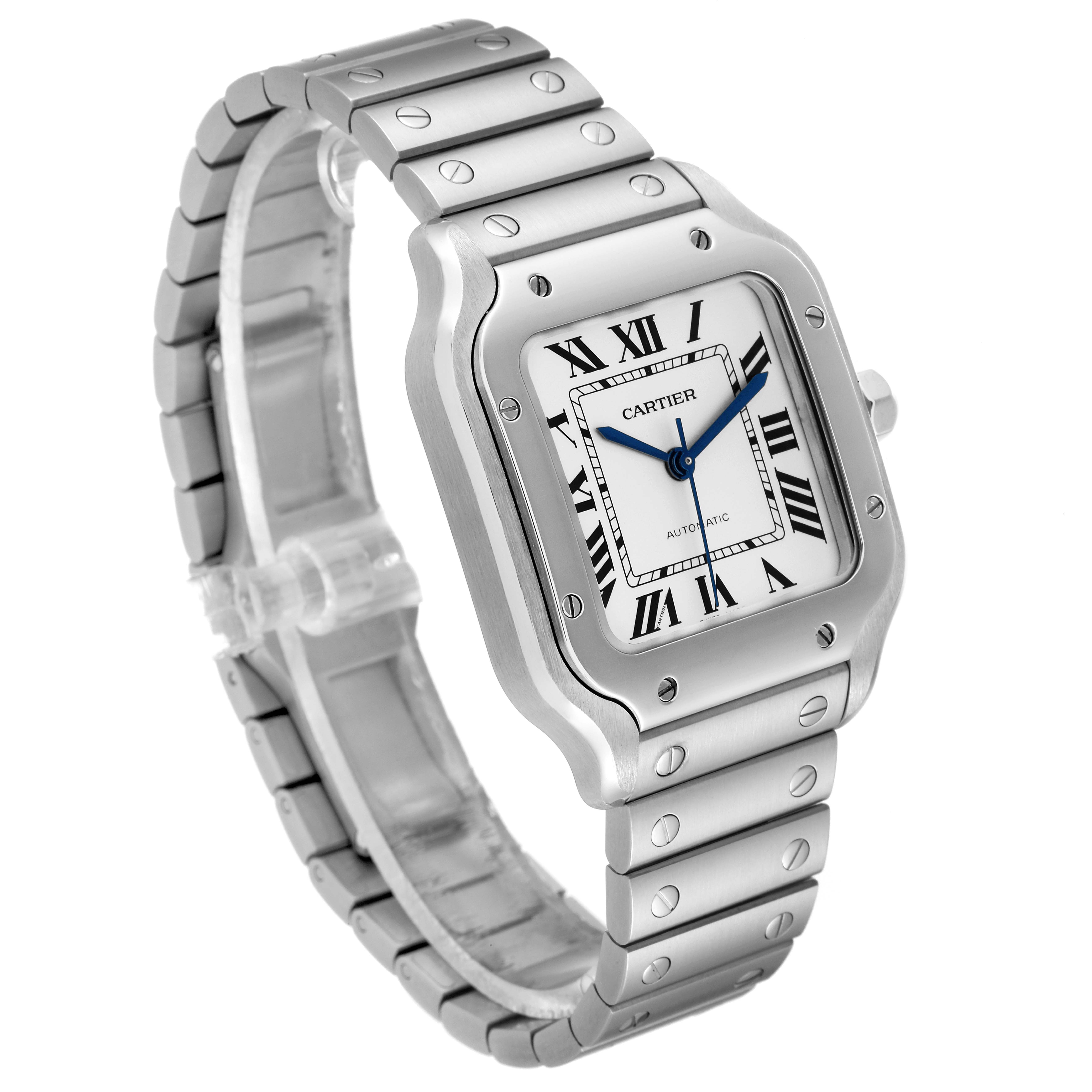 The image shows a Cartier Santos WSSA0029 Men
s Stainless Steel Silver Dial WSSA0029 Men
s Stainless Steel Silver Dial watch at an angled side view, highlighting its face, stainless steel case, and bracelet.