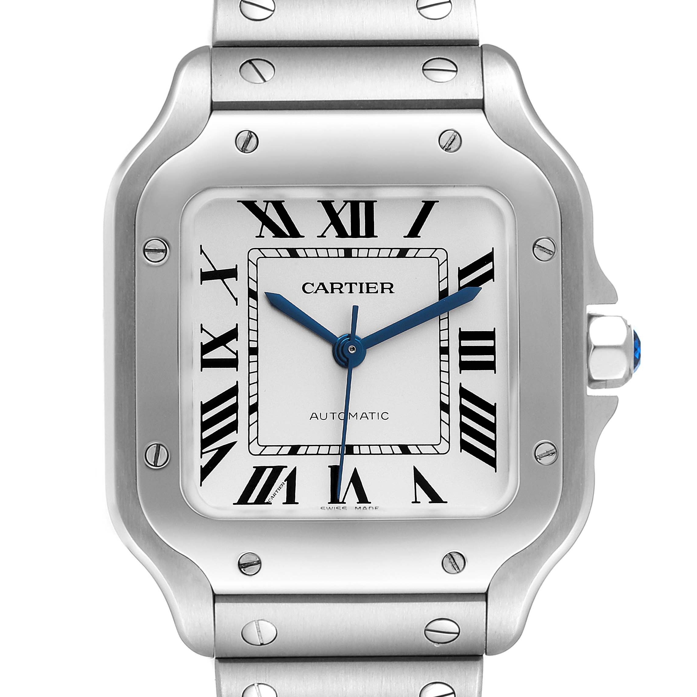 This image shows a front view of the face and part of the bracelet of a Cartier Santos WSSA0029 Men
s Stainless Steel Silver Dial WSSA0029 Men
s Stainless Steel Silver Dial watch.