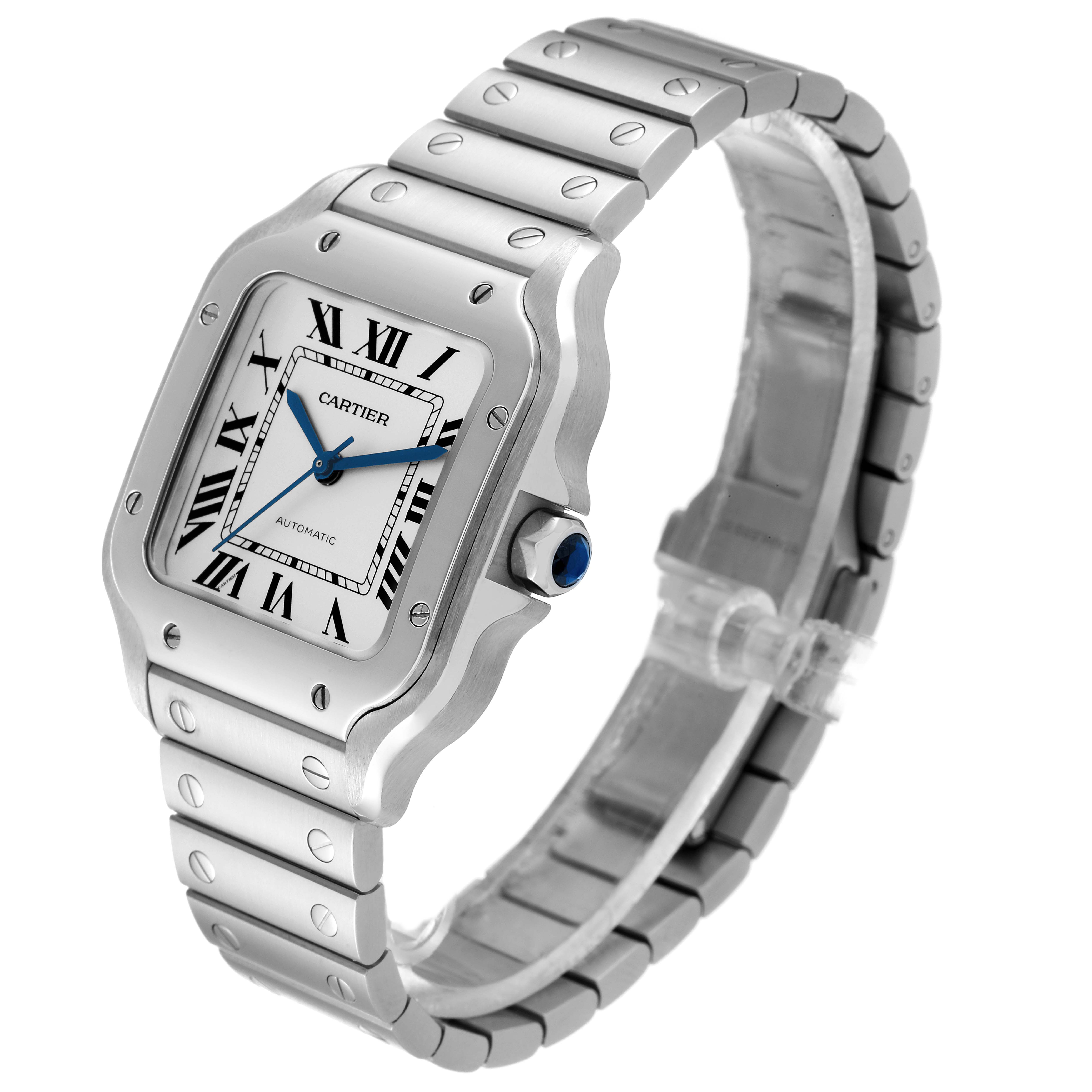 The image shows a Cartier Santos WSSA0029 Men
s Stainless Steel Silver Dial WSSA0029 Men
s Stainless Steel Silver Dial watch viewed from an angle displaying its face, bezel, crown, and metal bracelet.