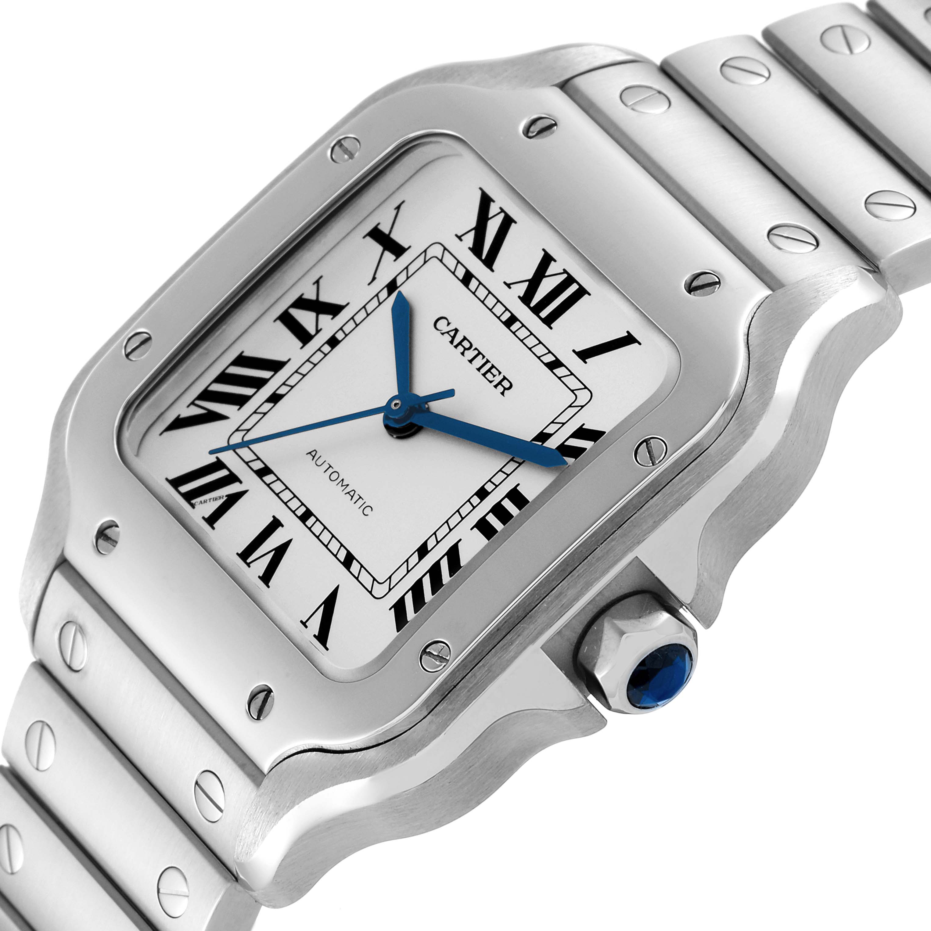 The Cartier Santos WSSA0029 Men
s Stainless Steel Silver Dial WSSA0029 Men
s Stainless Steel Silver Dial watch is shown from a side angle highlighting the face, bezel, and part of the bracelet.