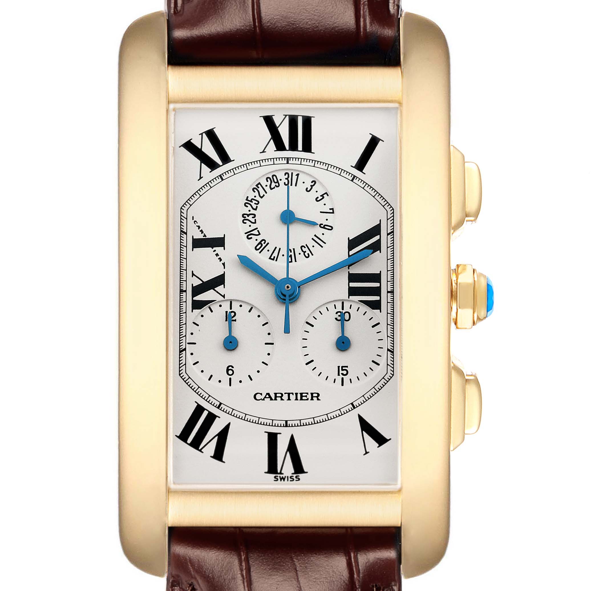 The Cartier Tank Americaine W2601156 Men
s Yellow Gold Silver Dial watch is shown from a front view, highlighting its rectangular face, Roman numerals, and gold casing.