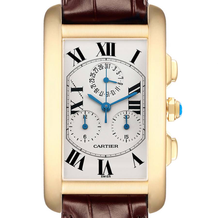 The Cartier Tank Americaine W2601156 Men's Yellow Gold Silver Dial watch is shown from a front view, highlighting its rectangular face, Roman numerals, and gold casing.