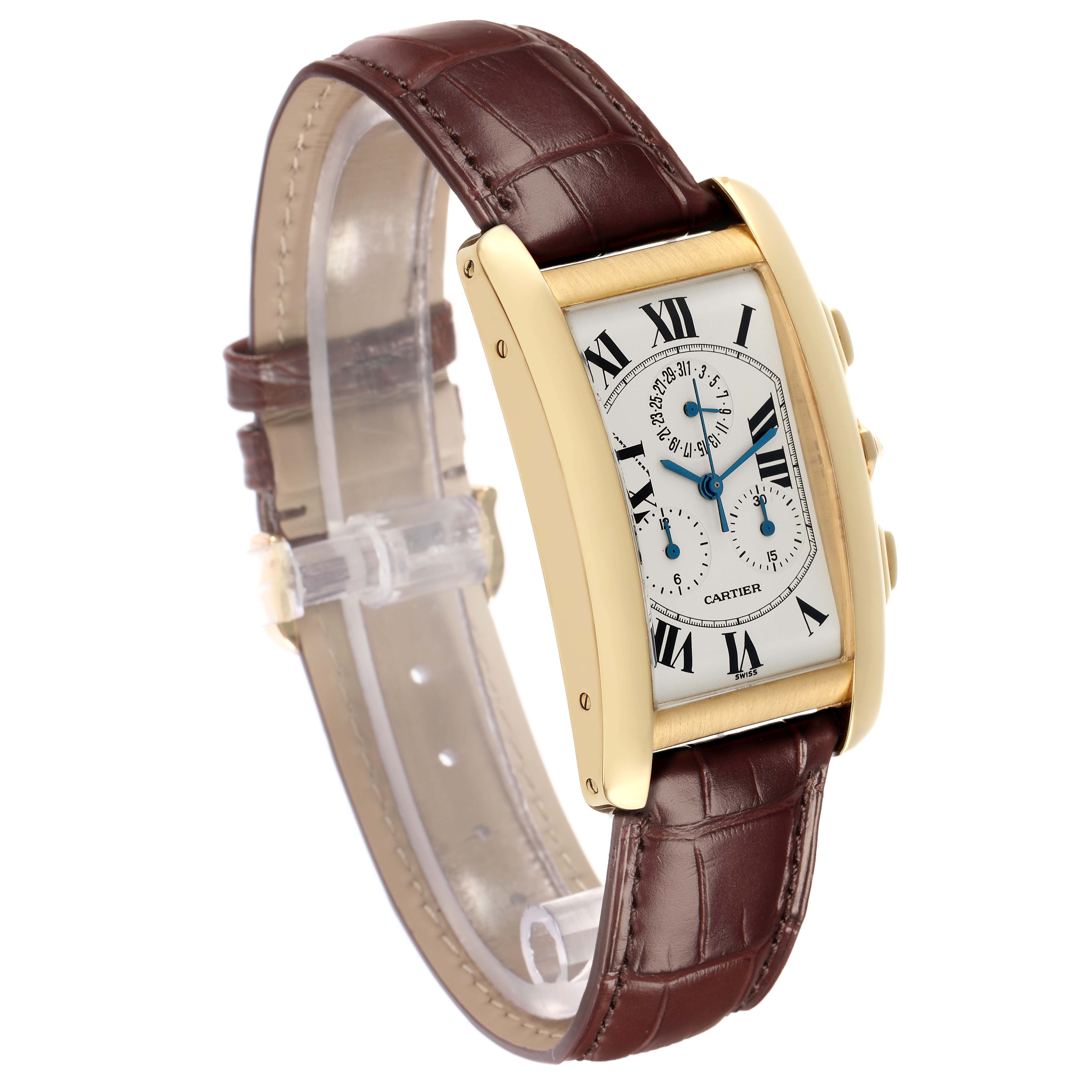 The Cartier Tank Americaine W2601156 Men
s Yellow Gold Silver Dial watch is shown at an angled side view, highlighting its rectangular dial, gold case, and brown leather strap.