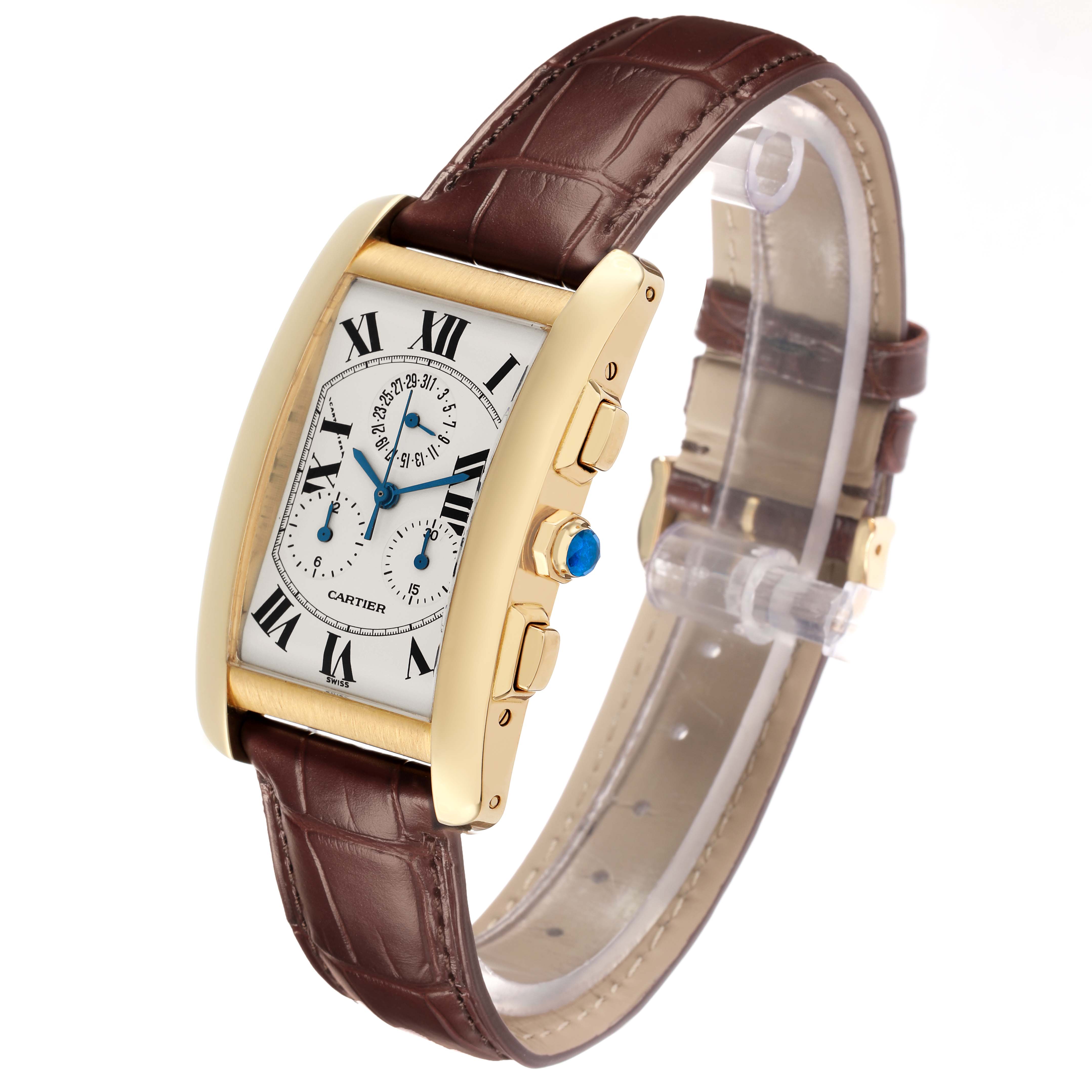The Cartier Tank Américaine watch is shown at an angle displaying the face, side buttons, and brown leather strap.
